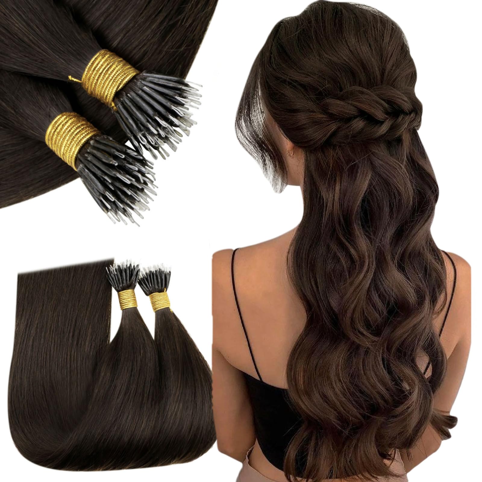 RUNATURE Nano Bead Hair Extensions Human Hair Dark Brown Cold Fusion Nano Link Human Hair Extensions Natural Nano Ring Extensions Real Human Hair