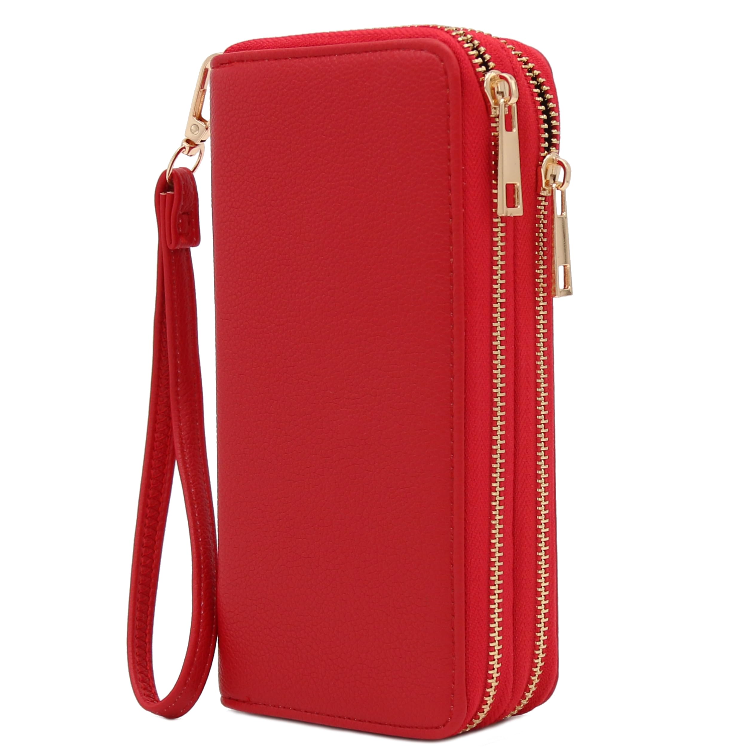 Double Zip Around PU Leather Wristlet Cell Phone Wallet