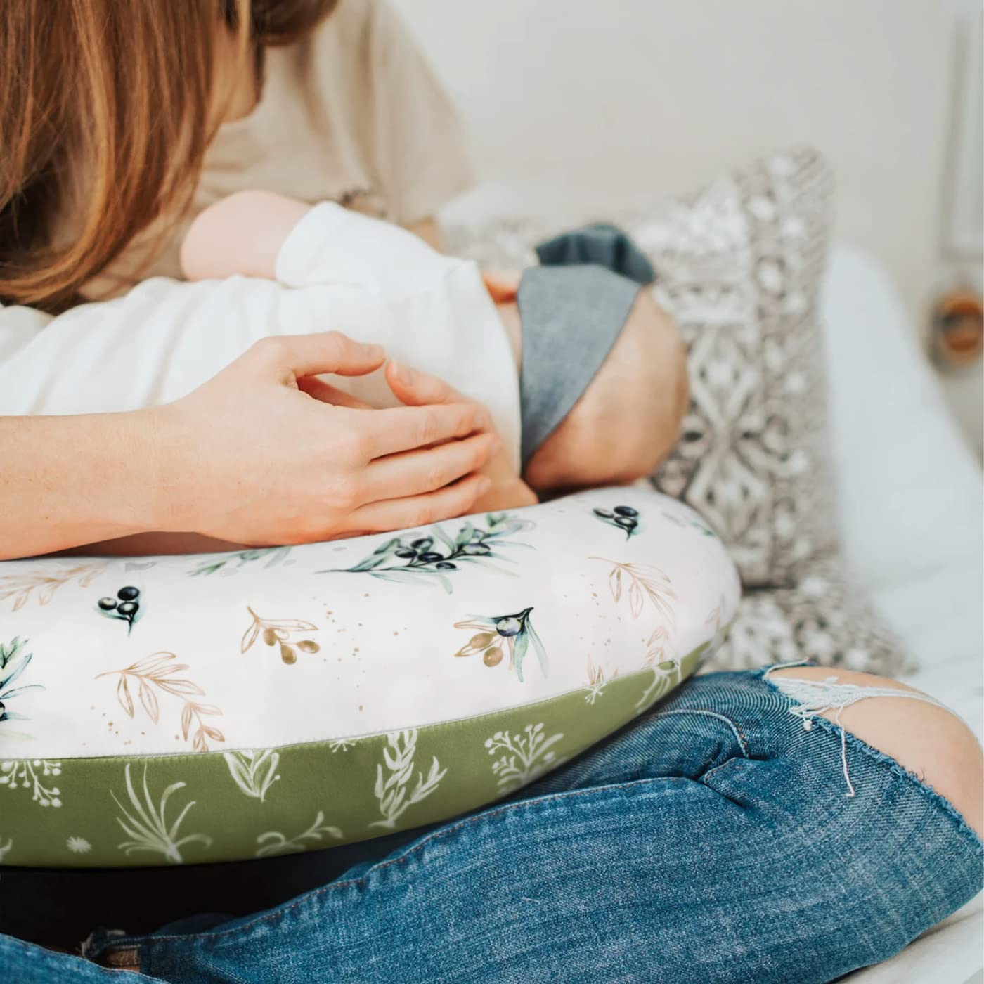 GRSSDER Housse de coussin d'allaitement extensible Minky amovible pour coussin d'allaitement, housse ultra douce et confortable pour bébé garçon et fille, motif aquarelle olive