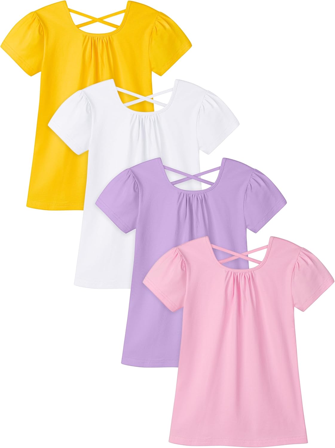 Poroka 4 Pack Toddler Girls Short Sleeve T-Shirts Puff Sleeve Cotton T-Shirt Soft Crew Neck Tees