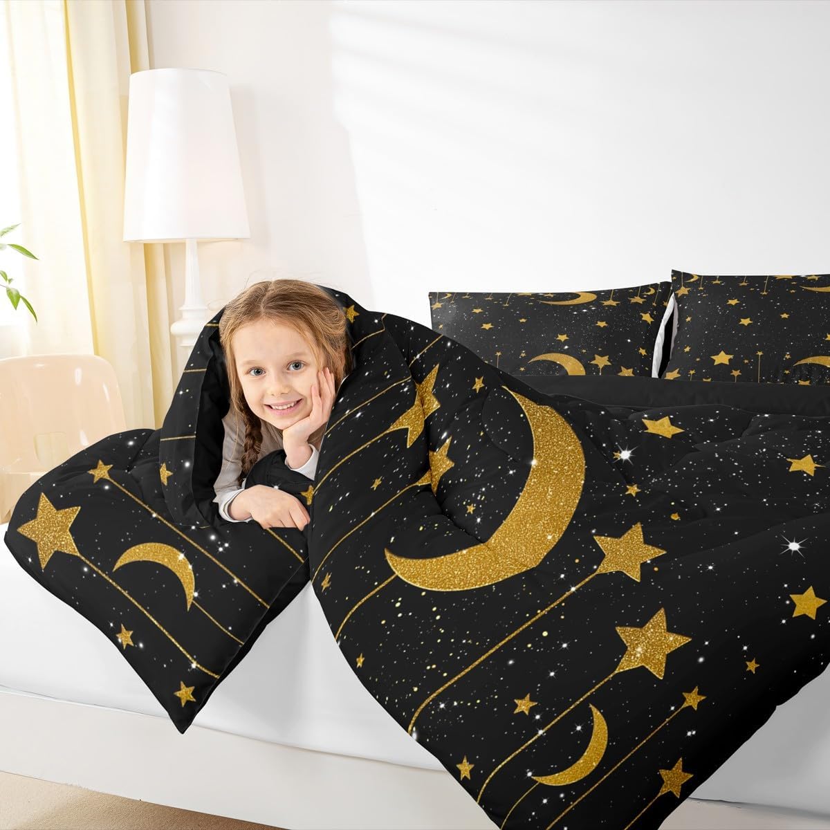 Homewish Gold Stars and Moon Comforter Set Queen Size,Starry Sky Bedding Set for Kids Boys Girls Bedroom Decoration,Gold and Black Bed Duvet Insert,Galaxy Comforter with 2 Pillowcase