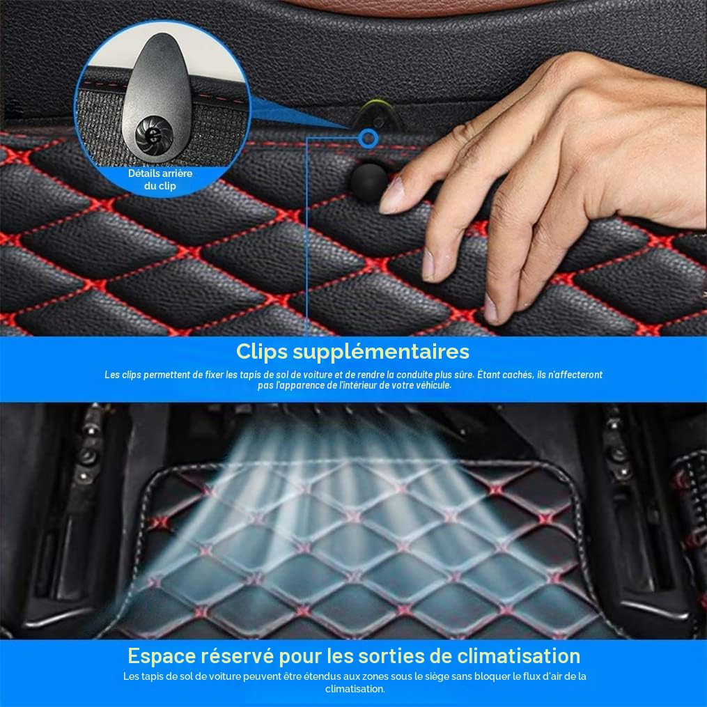 Les Tapis de Sol sur Mesure de Blackwheel sont compatibles à 99% avec Tous Les modèles de Voitures, fabriqués en Cuir imperméable et antidérapant, et Peuvent être personnalisés (Orange et Noir).