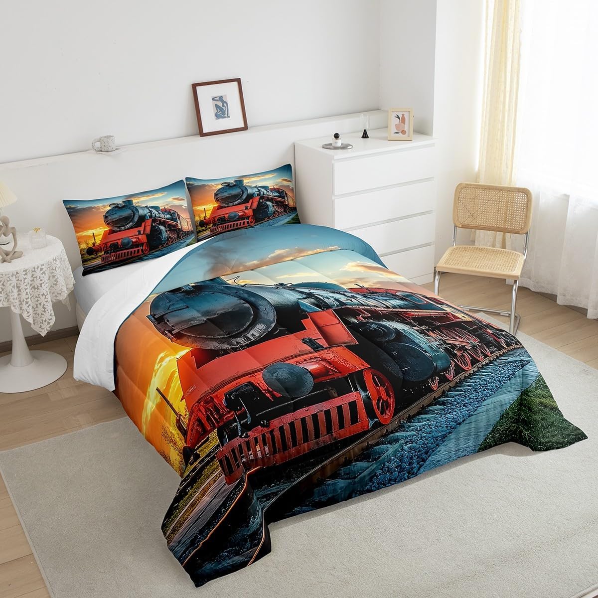 Erosebridal Train Duvet Insert for Girls Boys,Retro Vehicles Comforter Set for Kids Child,Large Steam Train Bedding Set 3D Vintage Truck Car Quilted Duvet Kids Car Theme Room Decor Full Size