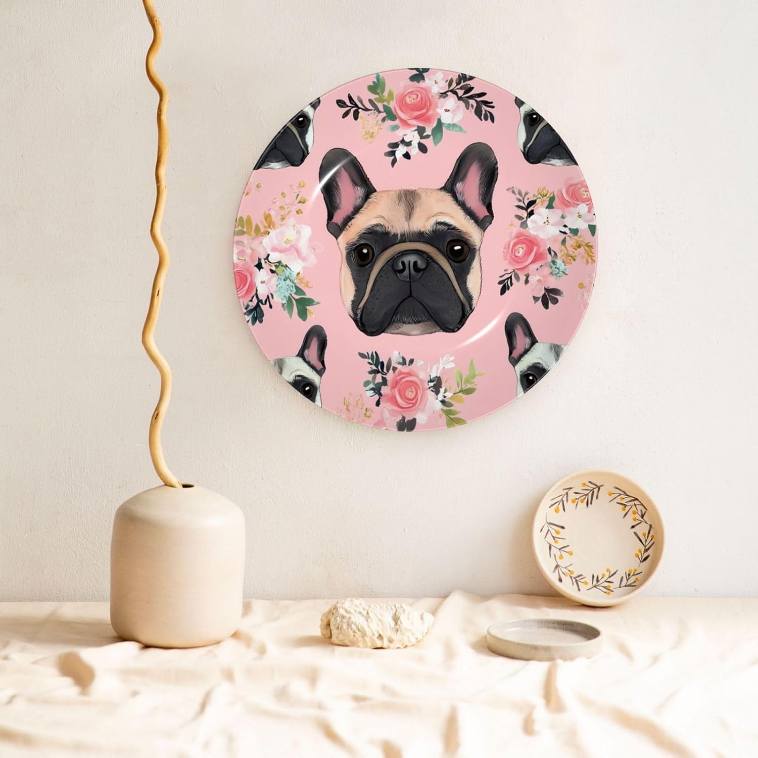 French Bulldog And Flowers Style Ceramic Plate Display Home Display With Stand Wall Hanging Plate For Home Decor 10 Inch