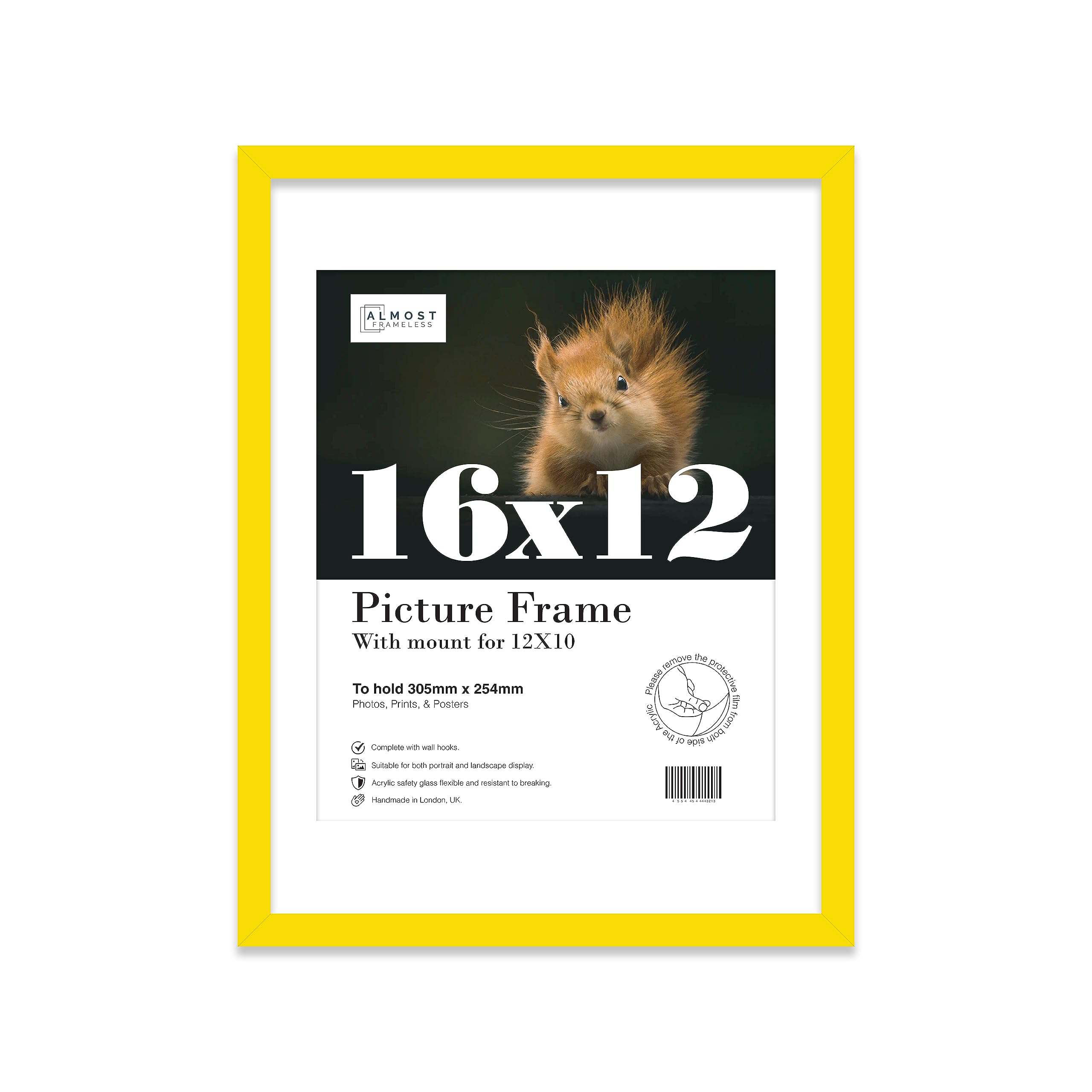 Almost Frameless 16x12 Yellow Picture Frame With Mount for 12x10 Print, Poster or Photo Poster, Photo, Artwork, or Print. Thin Edge Slim Frame Portrait and Landscape Display with Wall Hooks