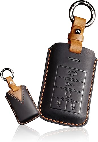 ontto Funda de cuero para llavero de automóvil compatible con Cadillac Escalade ESV EXT DTS STS 5 botones Smart Remote Key Fob, color negro