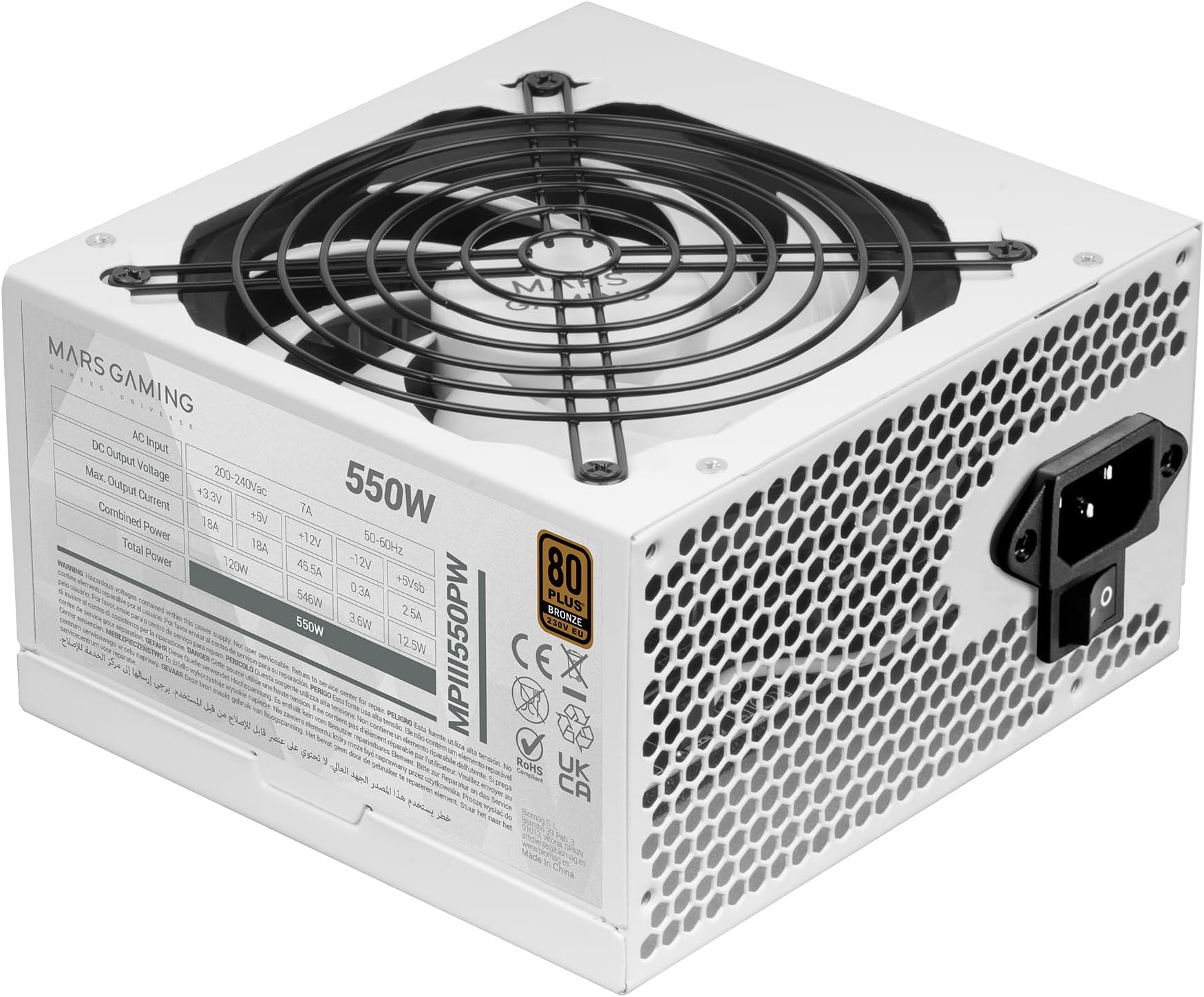 MARSGAMING MPIII550P, PC ATX Power Supply 550W, 5-Year Warranty, 85% Efficiency, Digital APFC System, 120mm FDB AI-RPM Fan, DC-DC and SMD Technologies, Extra-Long Flat Cables, White | 80Plus Bronze Certified, Energy Efficiency 86%, APFC Digital System, FDB 120mm AI-RPM, DC-DC and SMD Fan