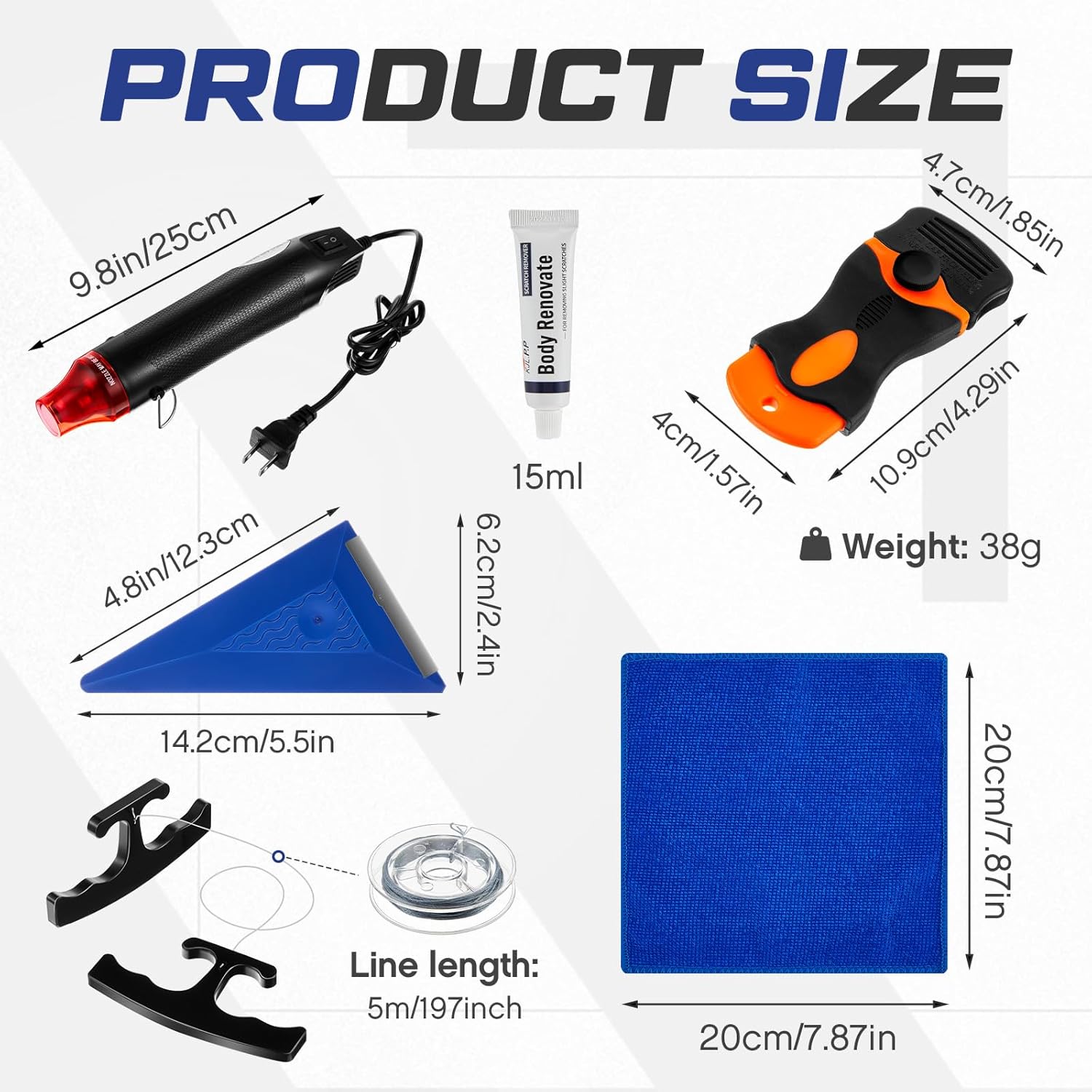 WILLBOND Emblem Removal Tool Kit Vinyl Wrap Kit Plate Line Remover with 5m PE Cord Heat Gun Razor Blade Scraper Squeegee Scratch Repair Paste Applicator Sponge Towel for Car Wrapping Film Installation