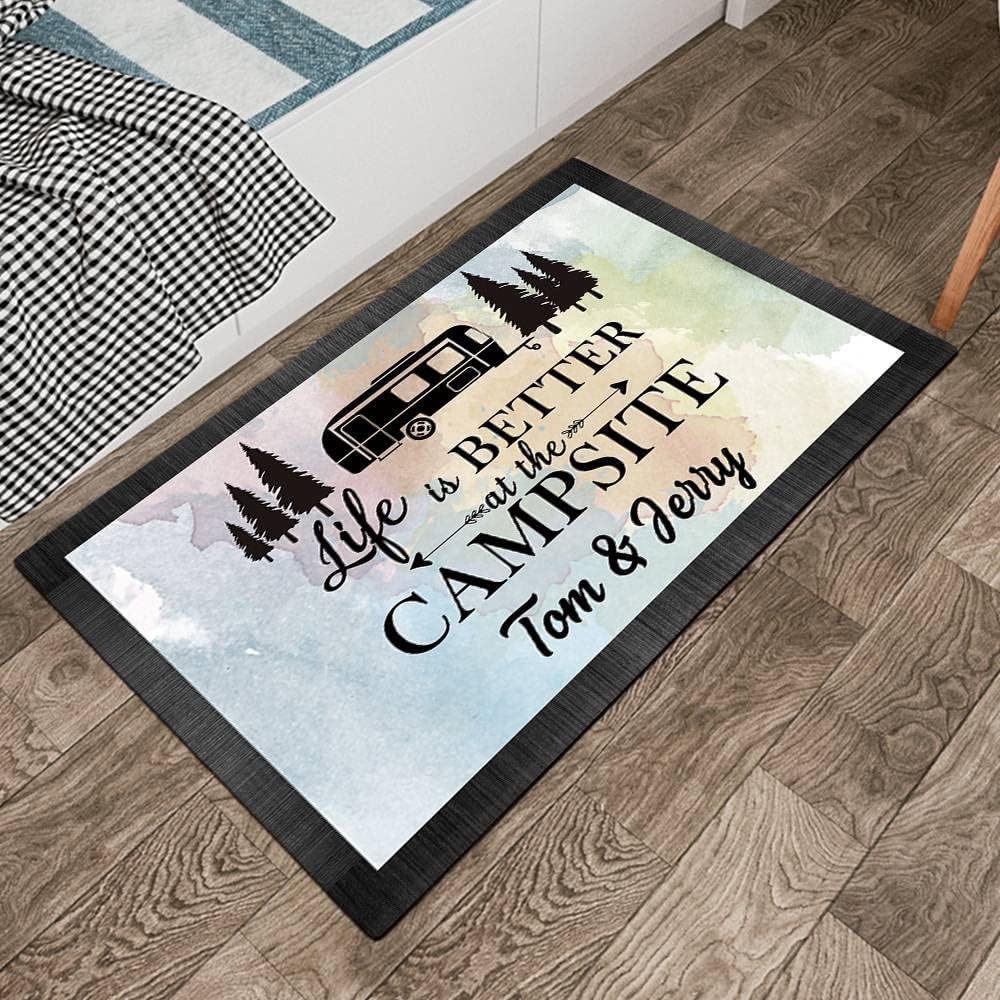 Personalized Mat with Text Custom Camping Doormat Life is Better Campsite Themed Decorative Doormat Camping Life Door Mat for Home Decor 23.6 x 15.7 Inch