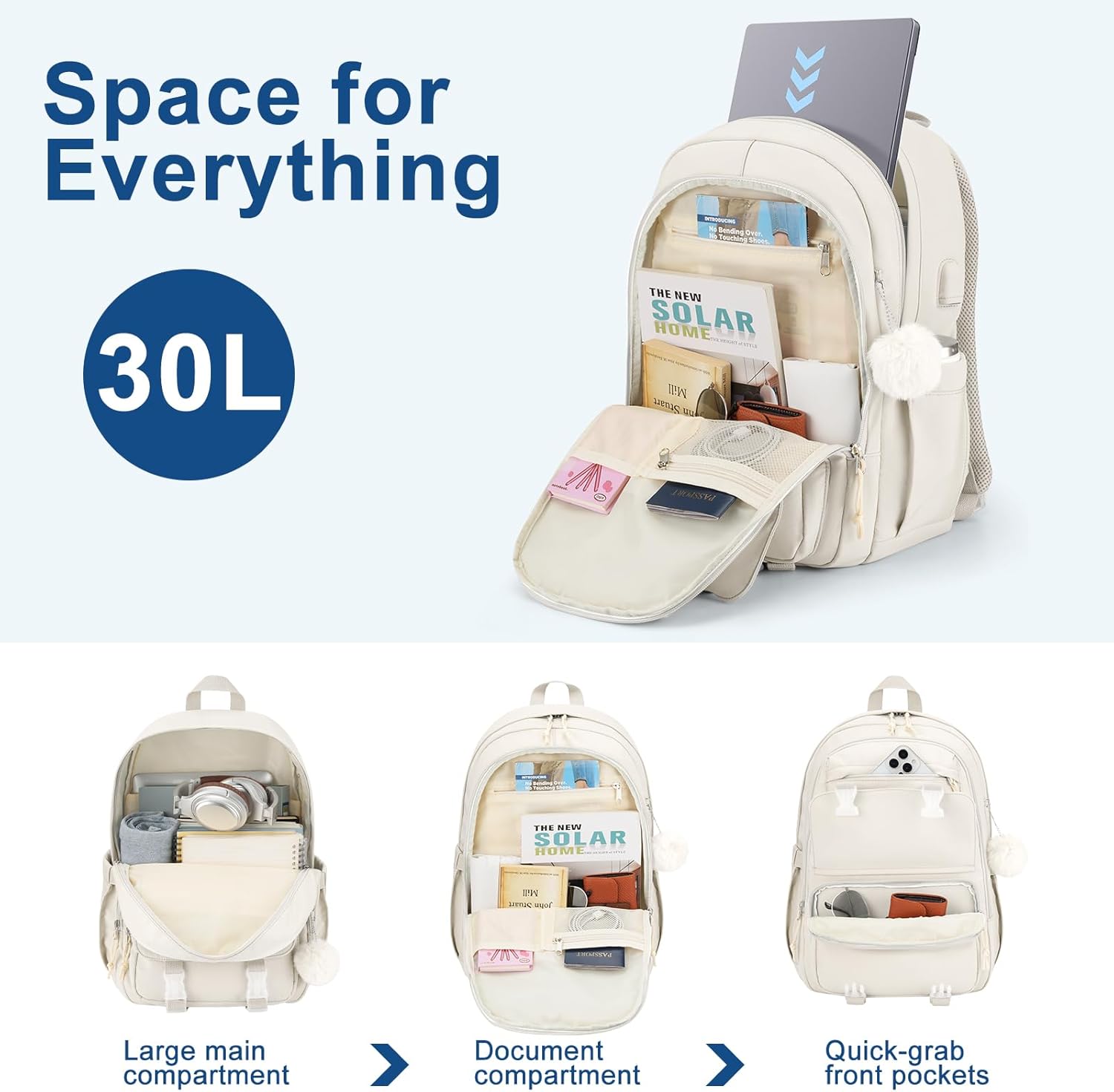 Backpacks for Girls, 15.6 Inch School Bag Cute Waterproof Laptop Bookbag Large College Backpack for Teen Women Students Anti Theft Travel Daypack, Beige - Image 2