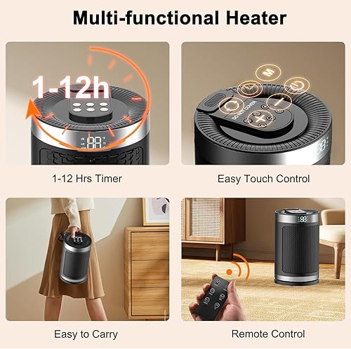 Miniatura 8 de Calentador de espacio para uso en interiores, calentador portátil de cerámica PTC de 1500 W con termostato y control remoto, temporizador de 12