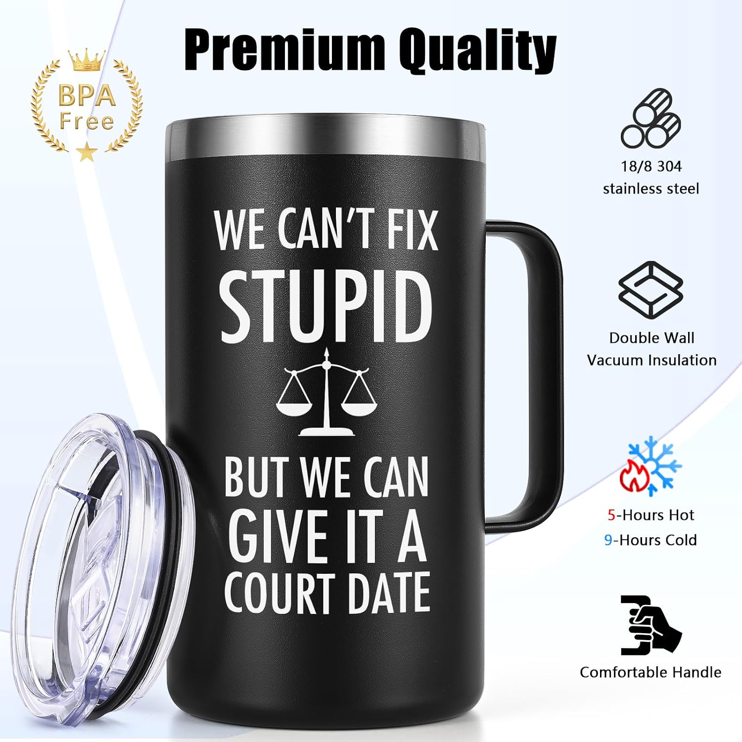 Lifecapido Lawyer Gifts for Men, We Can't Fix Stupid But We Can Give It A Court Date 20 oz Insulated Coffee Mug, Attorney Gifts for Men, Christmas Gifts Birthday Gifts for Lawyers, Attorneys, Black image 4