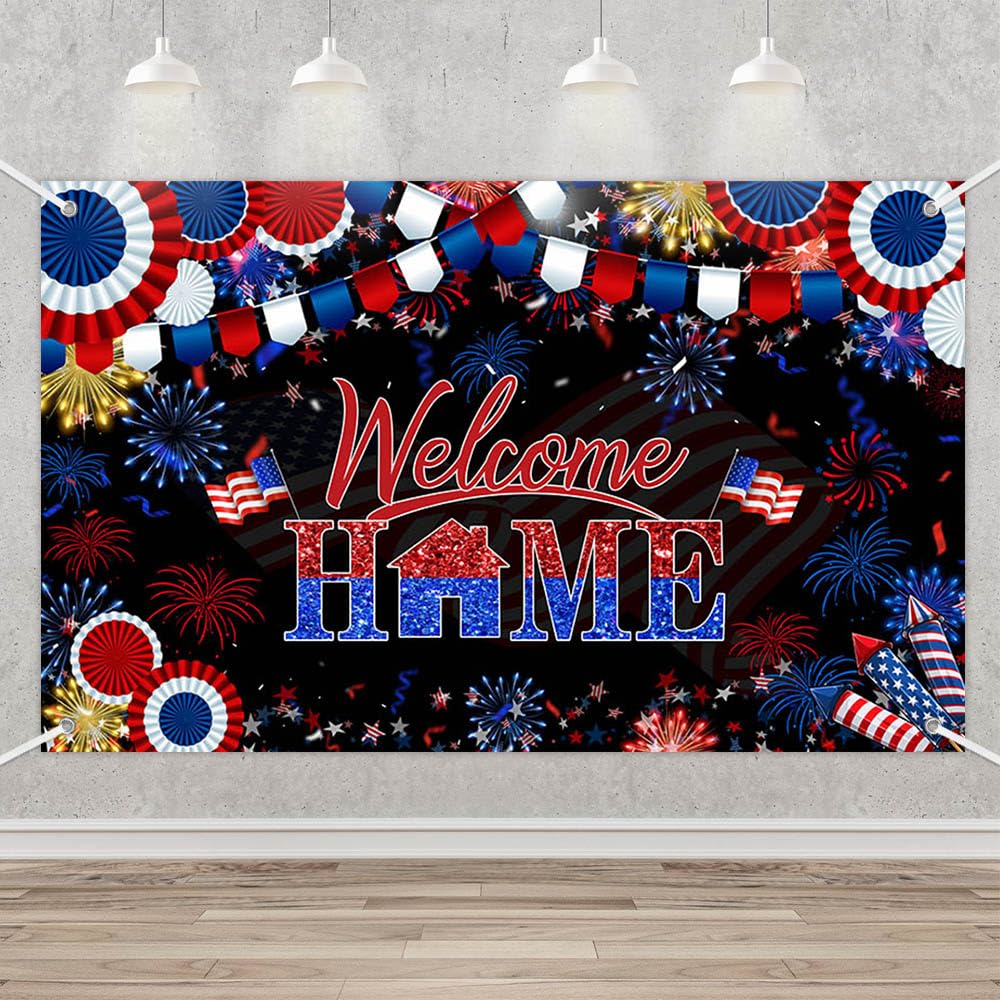 MEHOFOND Welcome Home Banner, Patriotic Welcome Home Decorations for Military Army Returning Homecoming Party, Red Blue White