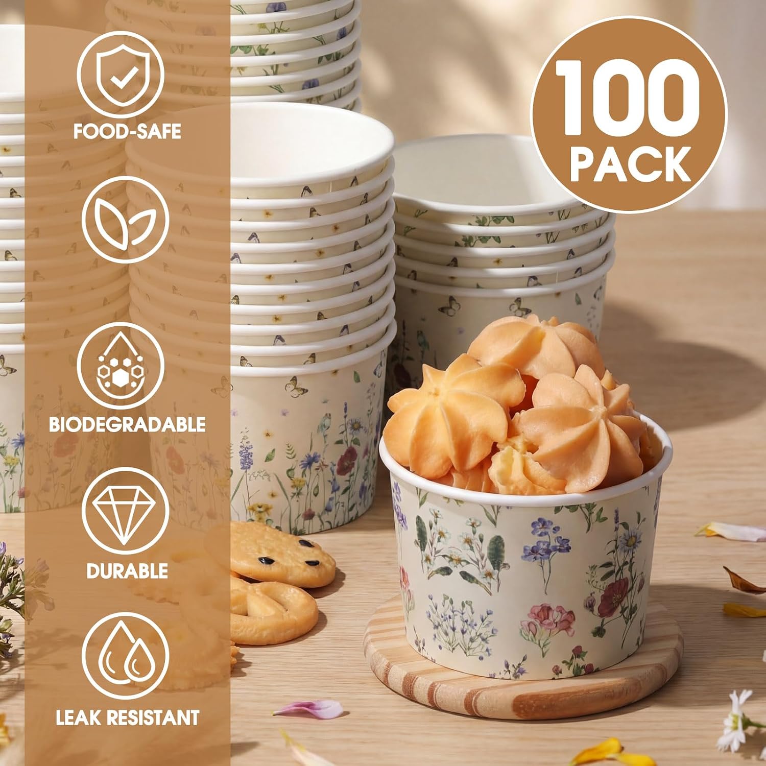 Nuanchu 100 Pcs Wildflower Ice Cream Paper Cups Floral 9 oz Spring Summer Disposable Dessert Bowls Snack Cups for Wildflower Party Supplies Birthday Wedding image 3