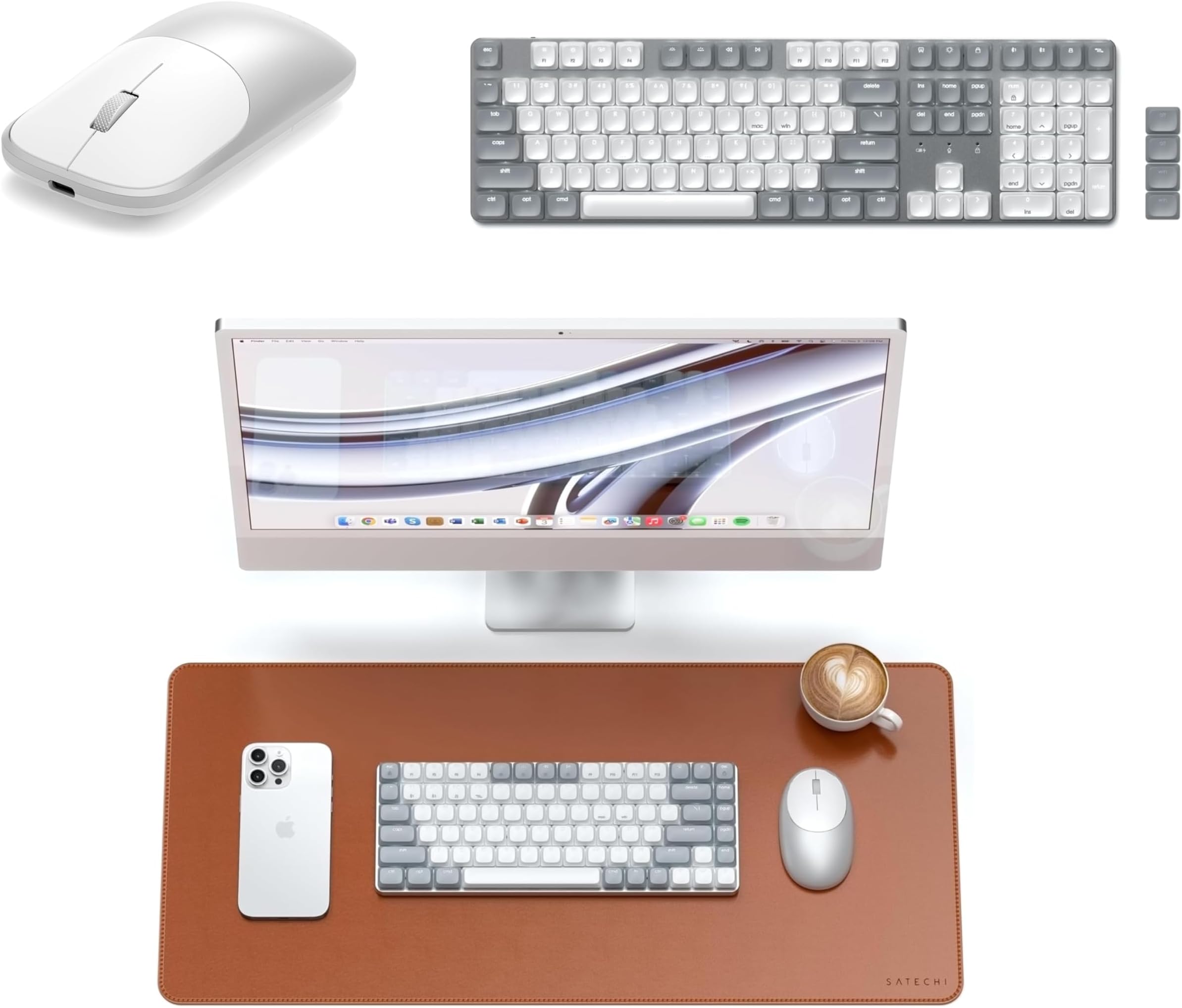 Satechi Bundle SM3 Mechanical Keyboard Light Grey White US QWERTY Layout with Slim EX Wireless Mouse Silver and Vegan Leather Desk Mat Brown