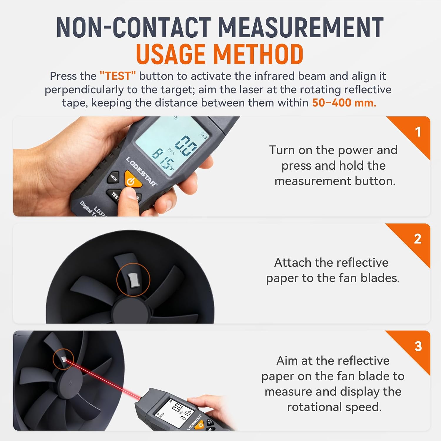 LODESTAR LD373 Non-Contact Digital Laser Tachometer, 100~30000 RPM Photoelectric RPM Meter with Reflective Tape, Max/Min Data Hold for Motor Fan Speed Test | Non-Contact Digital Laser Tachometer