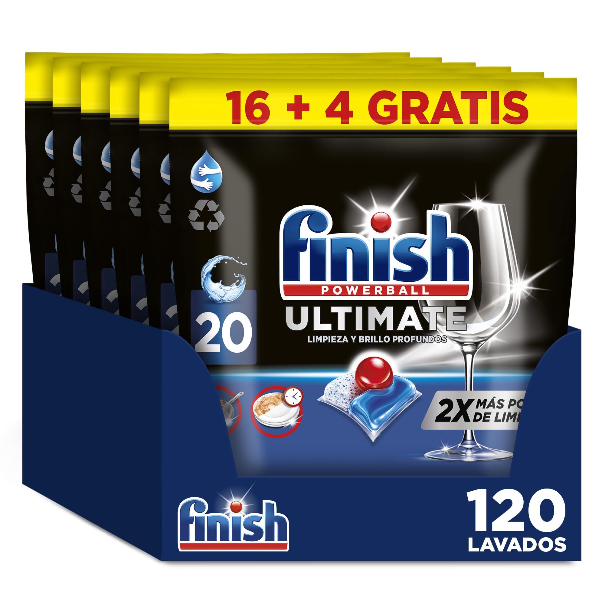 6x Finish Powerball Quantum Ultimate Cápsulas para lavavajillas, limpieza y acción desengrasante de ciclos cortos, 6 paquetes de 20 cápsulas