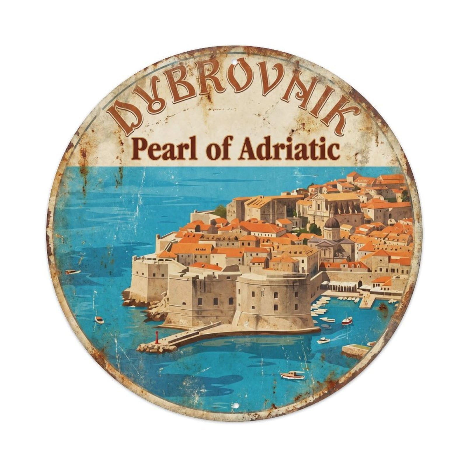 Vintage Travel Dubrovnik Old Town Metal Tin Sign Plaque Wall Decor for Cafe, Club Bar, Office, Home Garden Round Metal Poster 8x8Inch