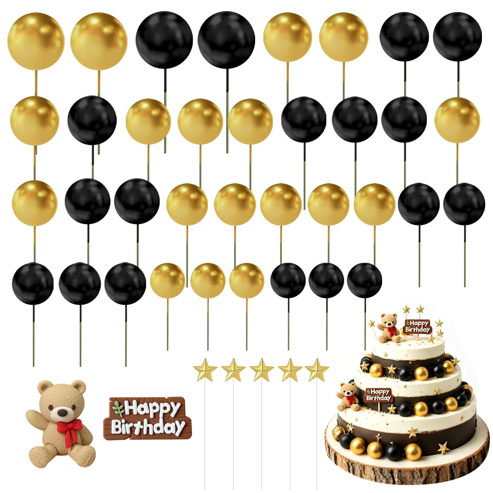 50Pcs Mini Balloon Cake Decorations - Black Gold Foam Ball Toppers