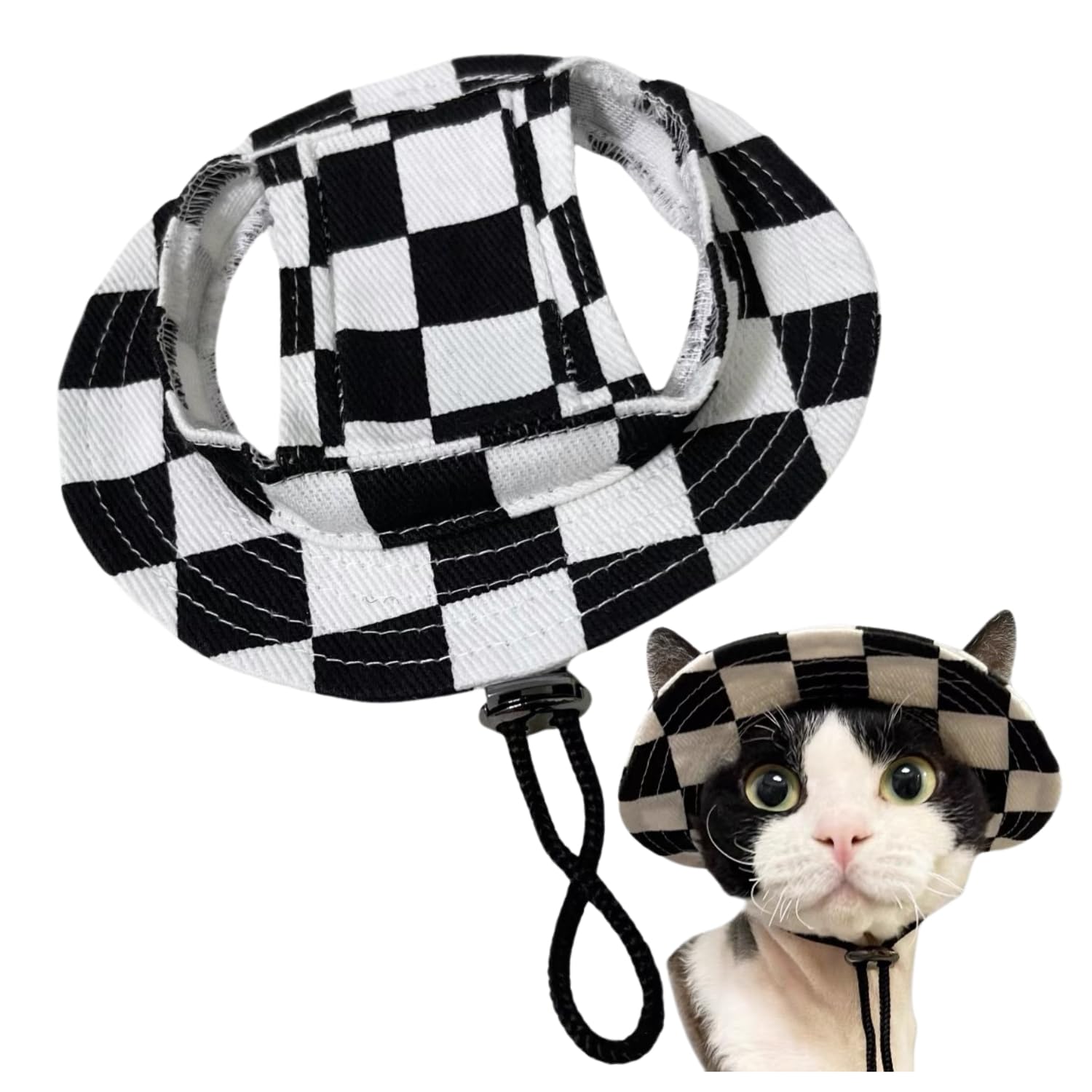MeiAOBest Small Dog Round Hats,Cat Dog Bucket Hat with Ear Hole,Adjustable Pet Outdoor Sun Protection Travel Sport Hat for Cats Small Medium Dogs_L(Black Checkered)
