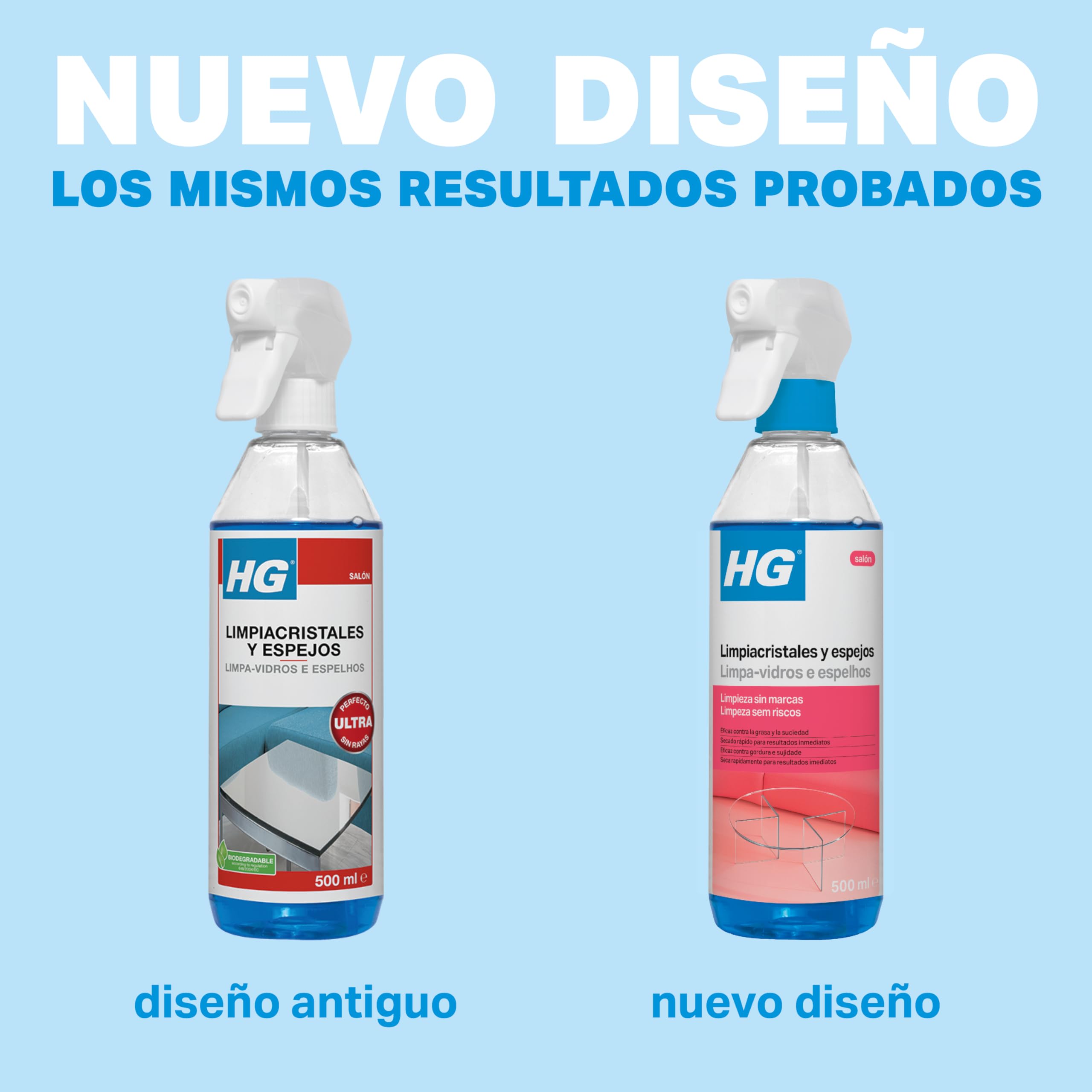 HG Limpiador de Cristales y Espejos, Producto de Limpieza para Cristales y Superficies de Vidrio, No Deja Marcas, Elimina Eficazmente Grasa y Suciedad de Ventanas Rápidamente - Spray 500ml