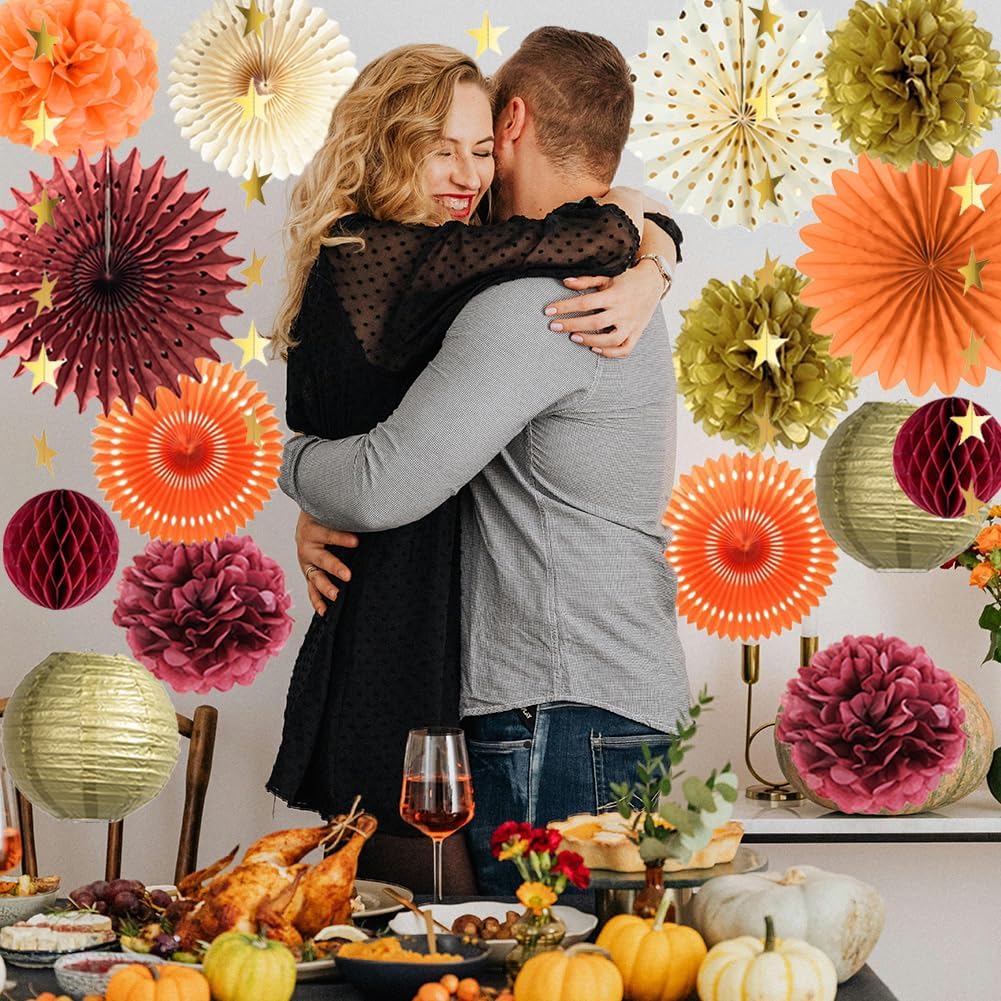 Fall Party Decorations Burgundy Orange Fall Birthday Party Decorations Paper Pom Poms Fans Paper Lanterns Gold Satr Garland Banner for Fall Autumn Harvest Birthday Thanksgiving Party Supplies