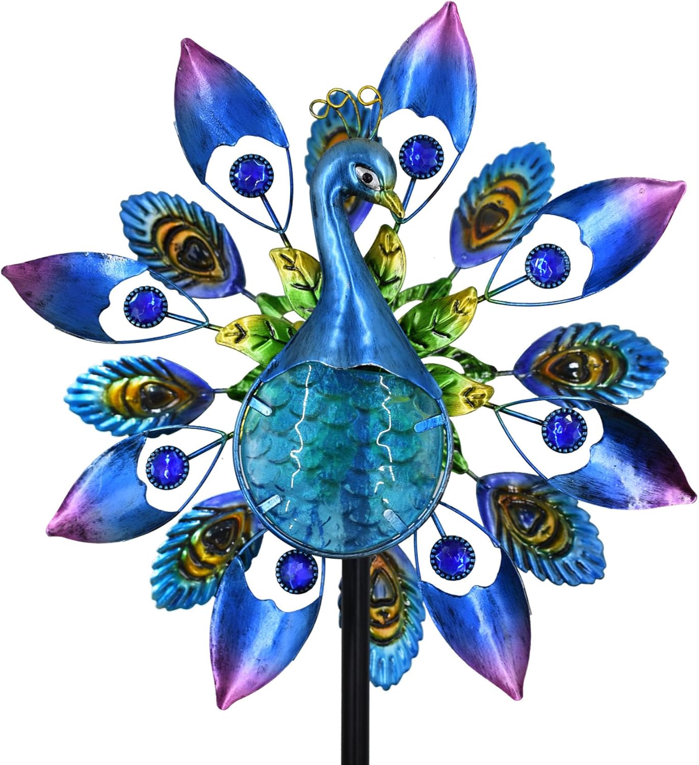 Peacock Metal Wind Spinners Outdoor, 360 Degree Rotation Kinetic Windmill Sculptures with 4 Prong Stake for Yard, Garden, Lawn Decor, 12.5" W x 48.4" H