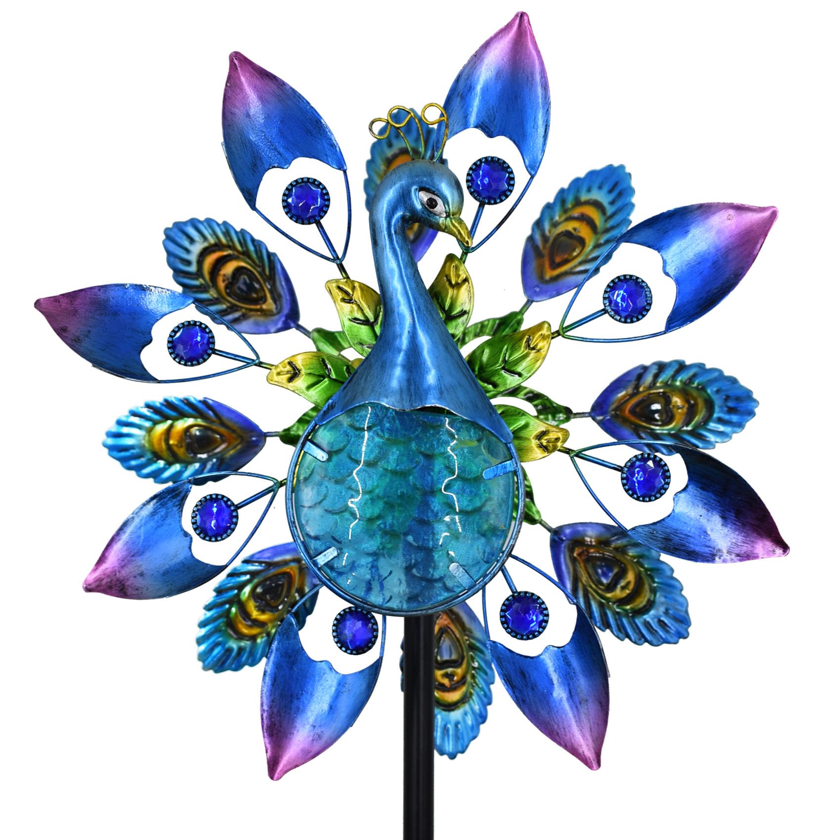 Peacock Metal Wind Spinners Outdoor, 360 Degree Rotation Kinetic Windmill Sculptures with 4 Prong Stake for Yard, Garden, Lawn Decor, 12.5" W x 48.4" H
