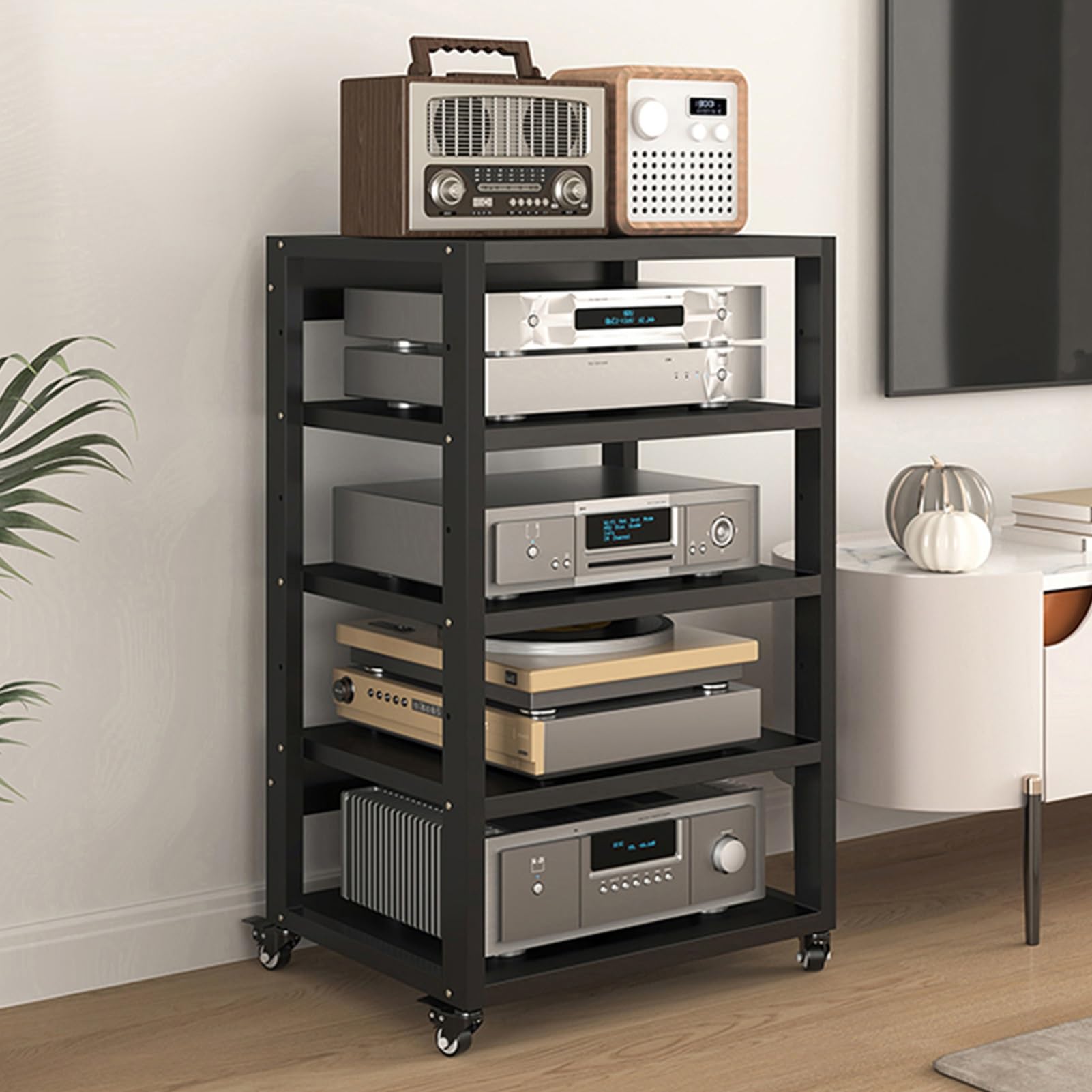 5-Tier Movable Media Compontent TV Stand Audio Video Tower CD Player Stand Stereo Rack Modern AV Cabinet with Height Adjustable Steel Shelf for Home/Office/Theater, Black (Size : 50x40cm(19.7x15.7)