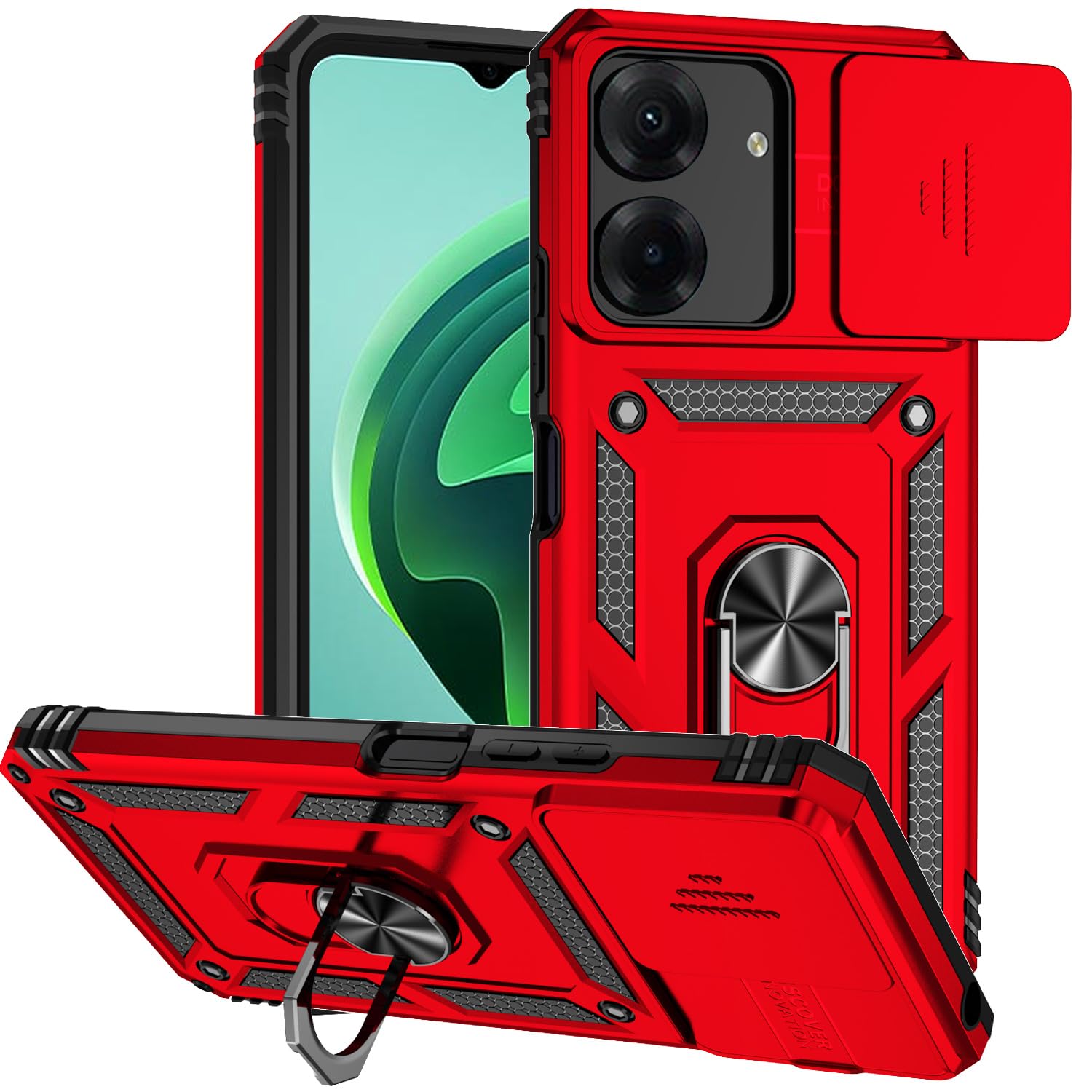 Jiyu Etui kompatybilne z Xiaomi Redmi 13C/ Poco C65, etui ochronne na telefon komórkowy, hybrydowa zbroja wojskowa, metalowy pierścień, odporne na uderzenia, miękkie etui ochronne z TPU, czerwone