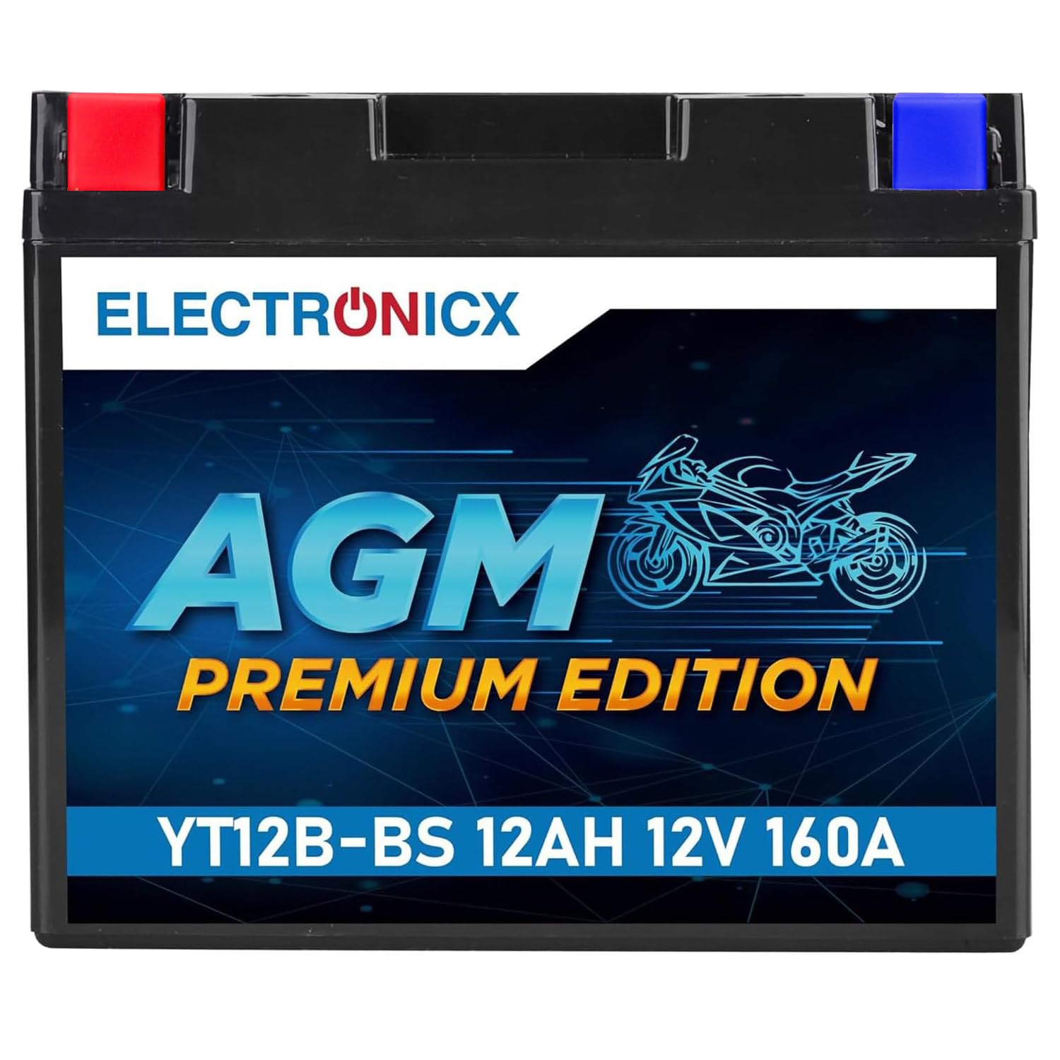 Electronicx AGM Premium YT12B-BS 12V 12Ah – Wartungsfreie, versiegelte Motorradbatterie mit 160A CCA. Leistungsstark, auslaufsicher, vibrationsfest und langlebig – ideal für Motorrad, Roller und Quad.
