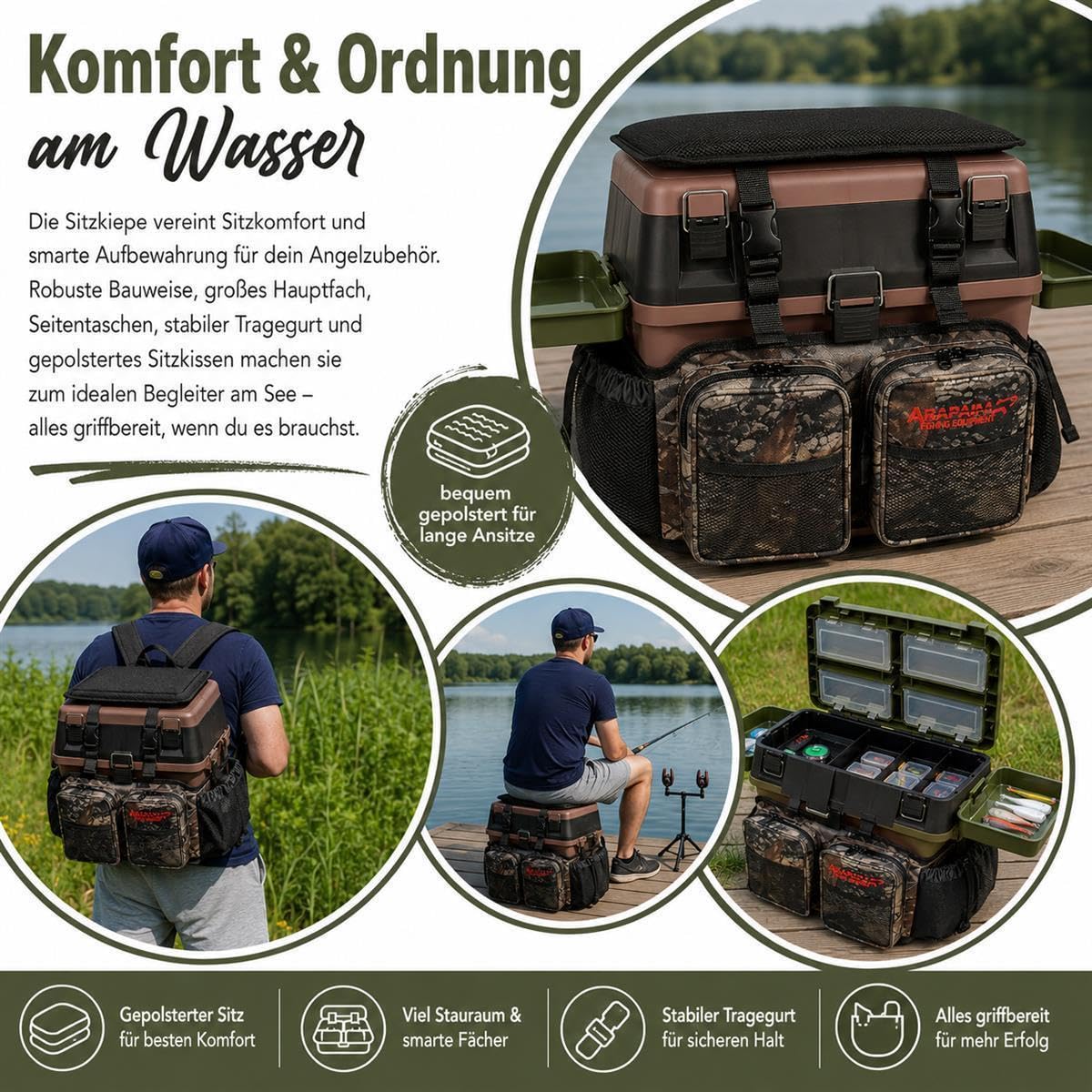 Sitzkiepe Angelrucksack mit 4 Tackleboxen Olive Camouflage Bundle | Angelrucksack, Sitzbox und Angelkoffer in Olive/Camouflage – inkl. 4 Tackleboxen, Futterwannen und Sitzpolster