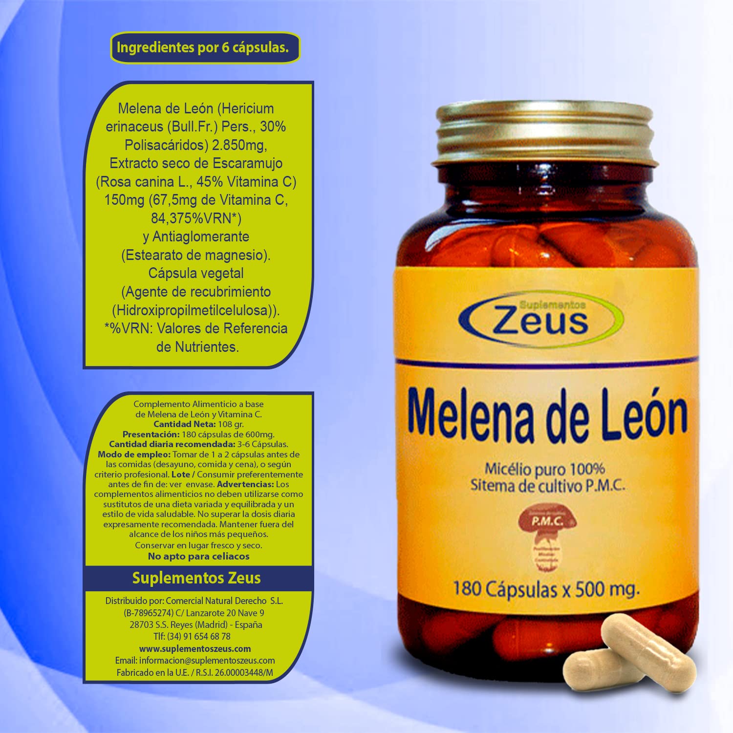 Suplementos Zeus MELENA DE LEÓN Contribuye al funcionamiento normal del sistema nervioso e inmunitario Complemento Alimenticio a base de Melena de León y Vit.C,100% Vegano,180 Caps. Vegetales