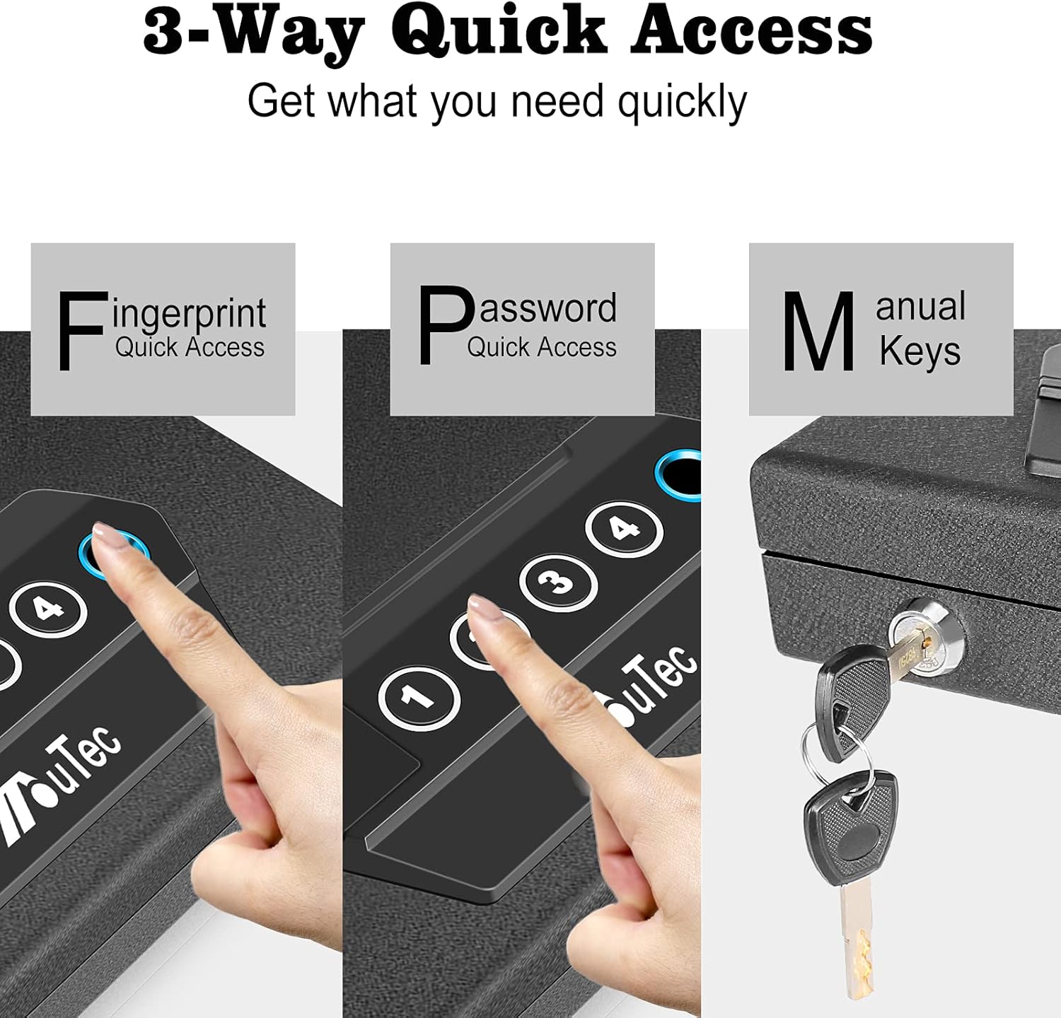 Three methods of quick access for the BBRKIN handgun safe: fingerprint, keypad, and manual key.