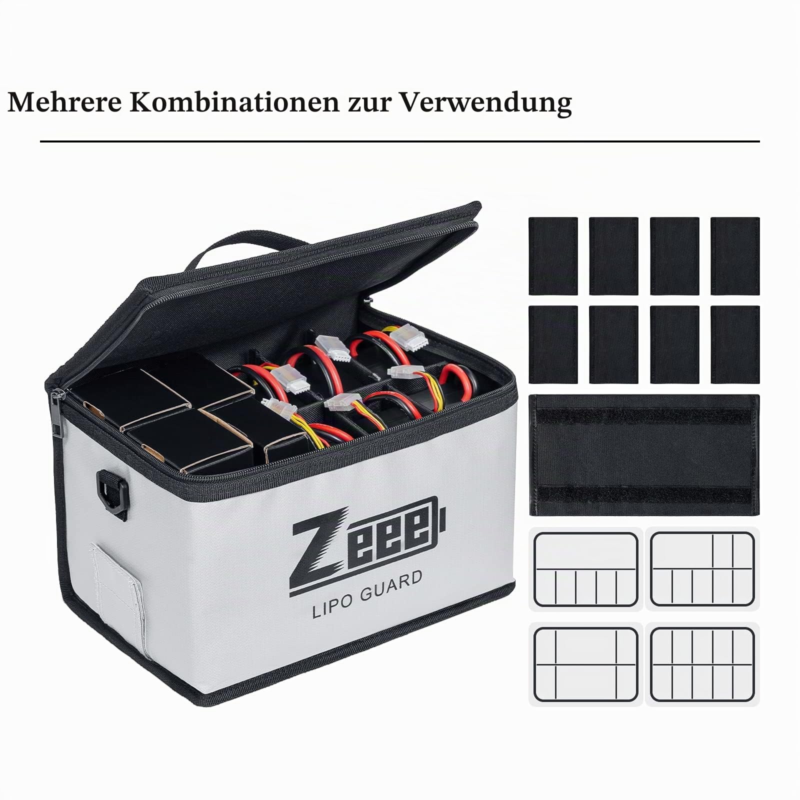 Zeee Lipo Safe Bag, Feuerfeste Lipo Bag mit großer Kapazität zur Aufbewahrung und zum Schutz der Batterie, 10 Zellen verstellbare Akku Tasche(10,6 x 6,7 x 6,7in)