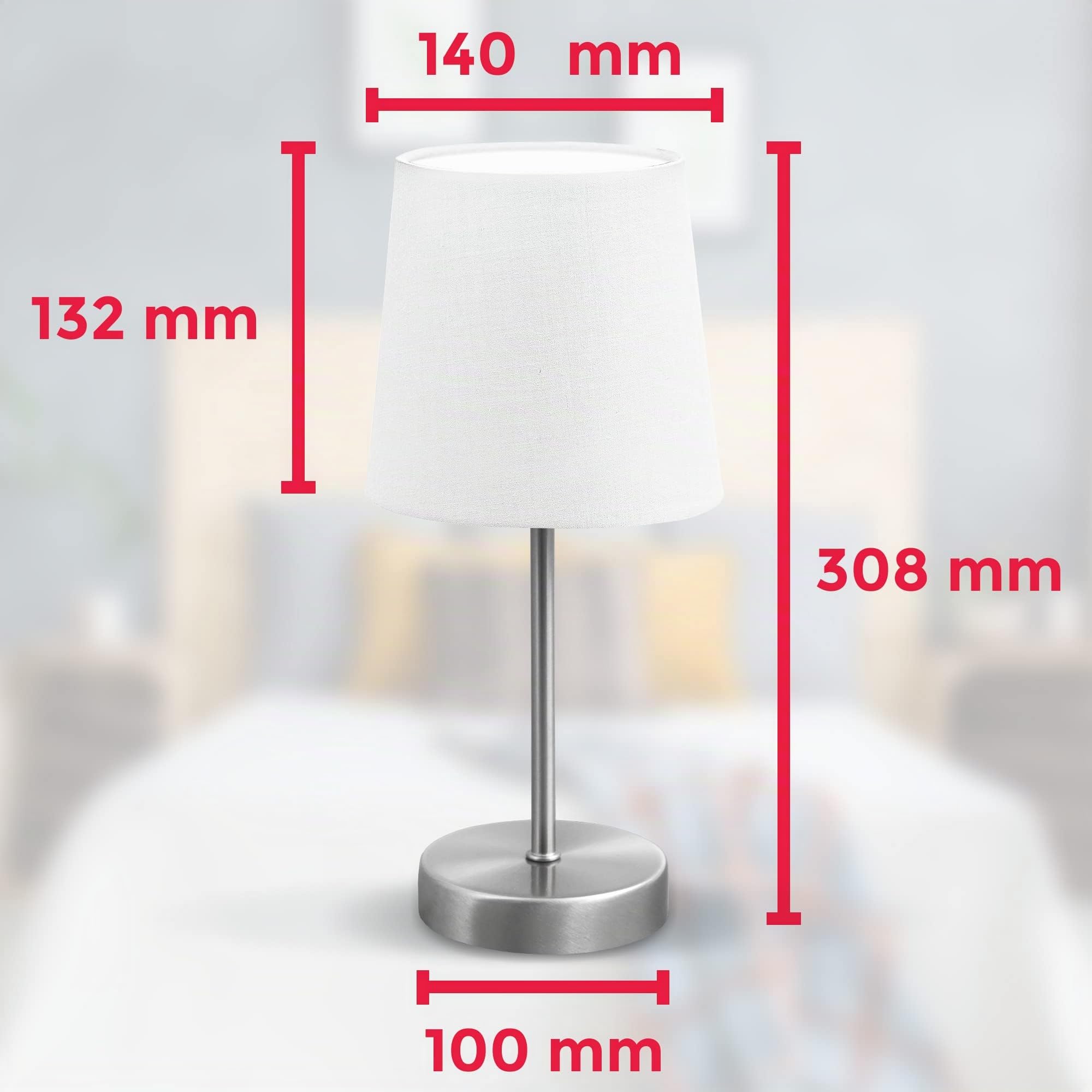 B.K.Licht - Lámpara de mesa LED con pantalla de tela, E14, con interruptor de cable, 25W, lampara de mesa, lamparas de mesita de noche, lampara mesita, lampara lectura, lampara escritorio, blanco