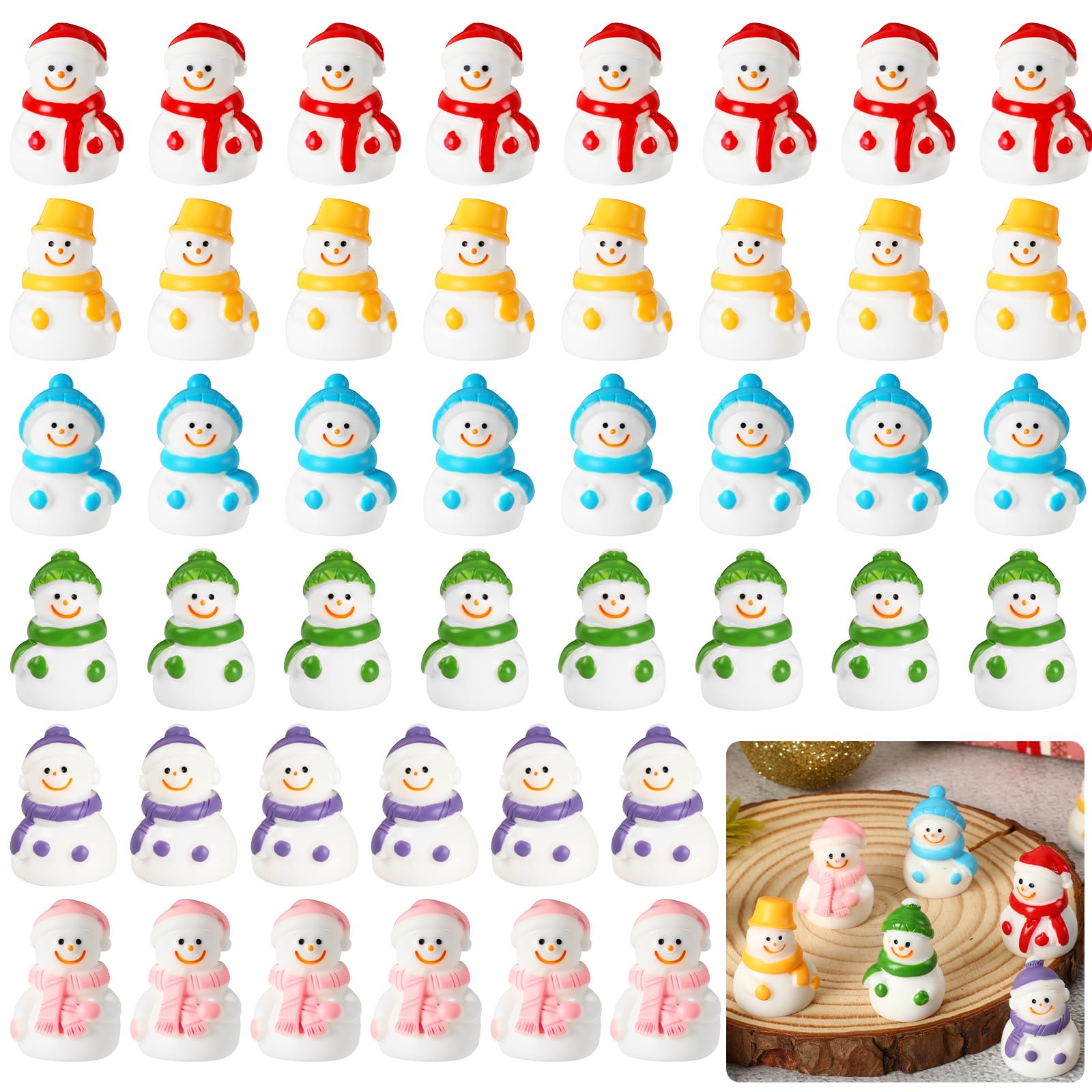 JUNEBRUSHS 50 Pcs Mini Resin Snowman, Christmas Snowman Figurines Winter Miniature Snowmen Ornaments for Christmas DIY Craft Fairy Garden Dollhouse Decor