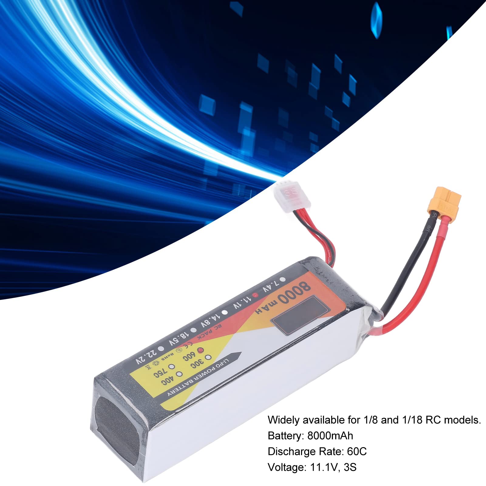 Batteria Lipo da 8000 mAh con tasso di scarica 60C, 11,1 V 3S, connettore XT60, ideale per modellismo di auto e elicotteri radiocomandati.