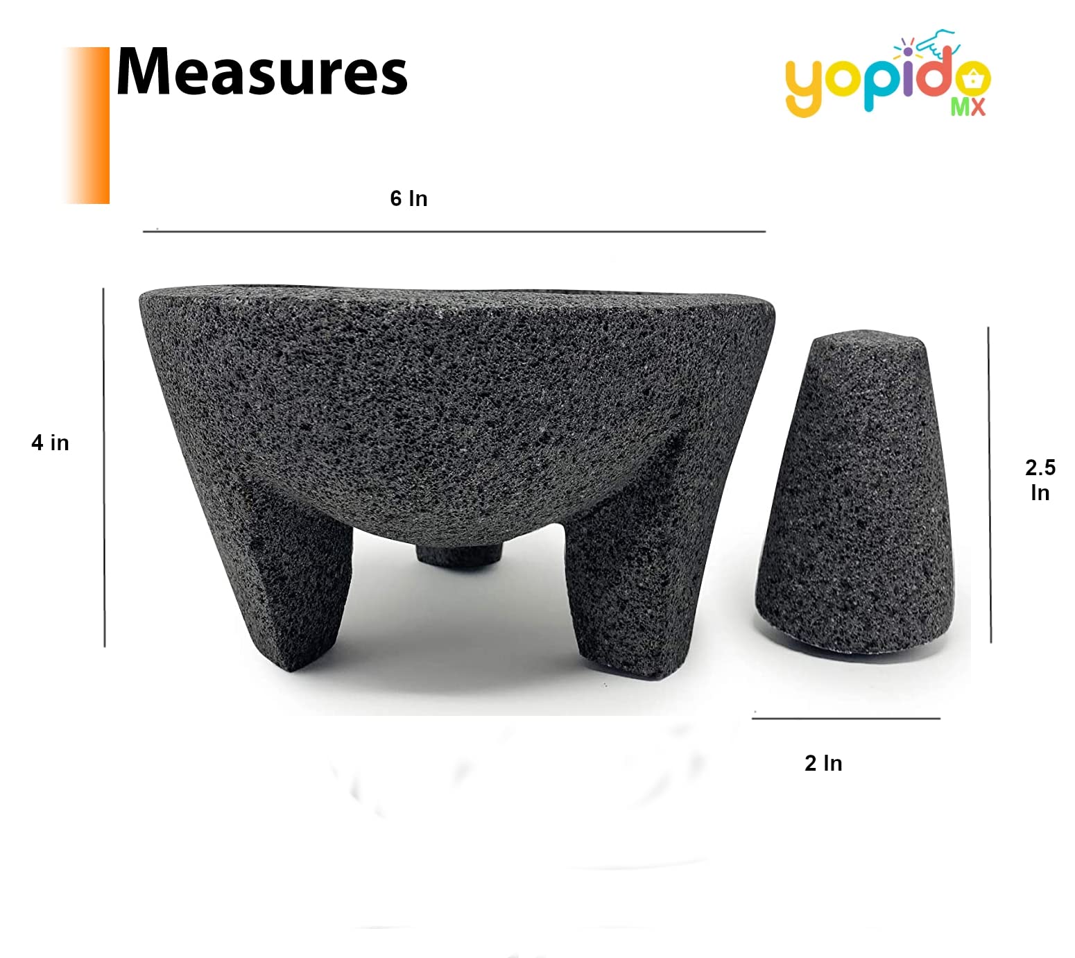 YOPIDO MX, Mortar and Pestle Set Mixing Bowls Garlic Mincer,Mexican Handmade with Quality Lavastone,Pill Crusher and Spice Grinder Molcajete 6 in,Volcanic Stone