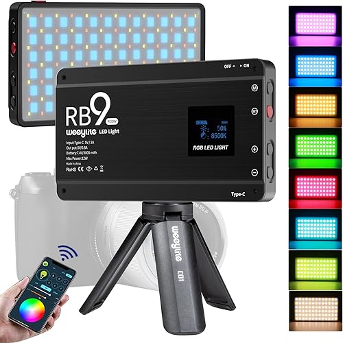 Weeylite RB9 Luz de video para cámara RGB, control de aplicación LED de 12 W en luz de cámara con trípode, 2500-8500K 360° a todo color CRI 95+ RGB