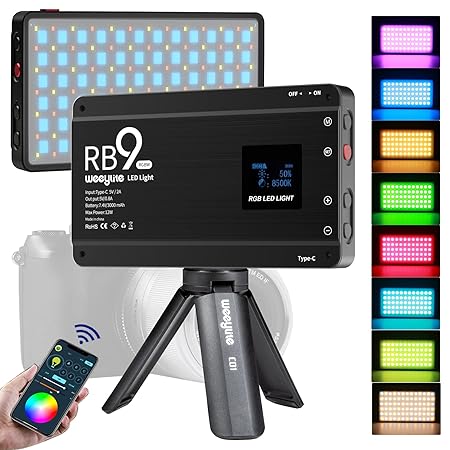 Weeylite RB9 RGB Camera Video Light, App Control 12W LED On Camera Light with Tripod, 2500-8500K 360 Full Color CRI 95+ RGB Video Light Panel for Portable Photography Lighting Video Recording TikTok