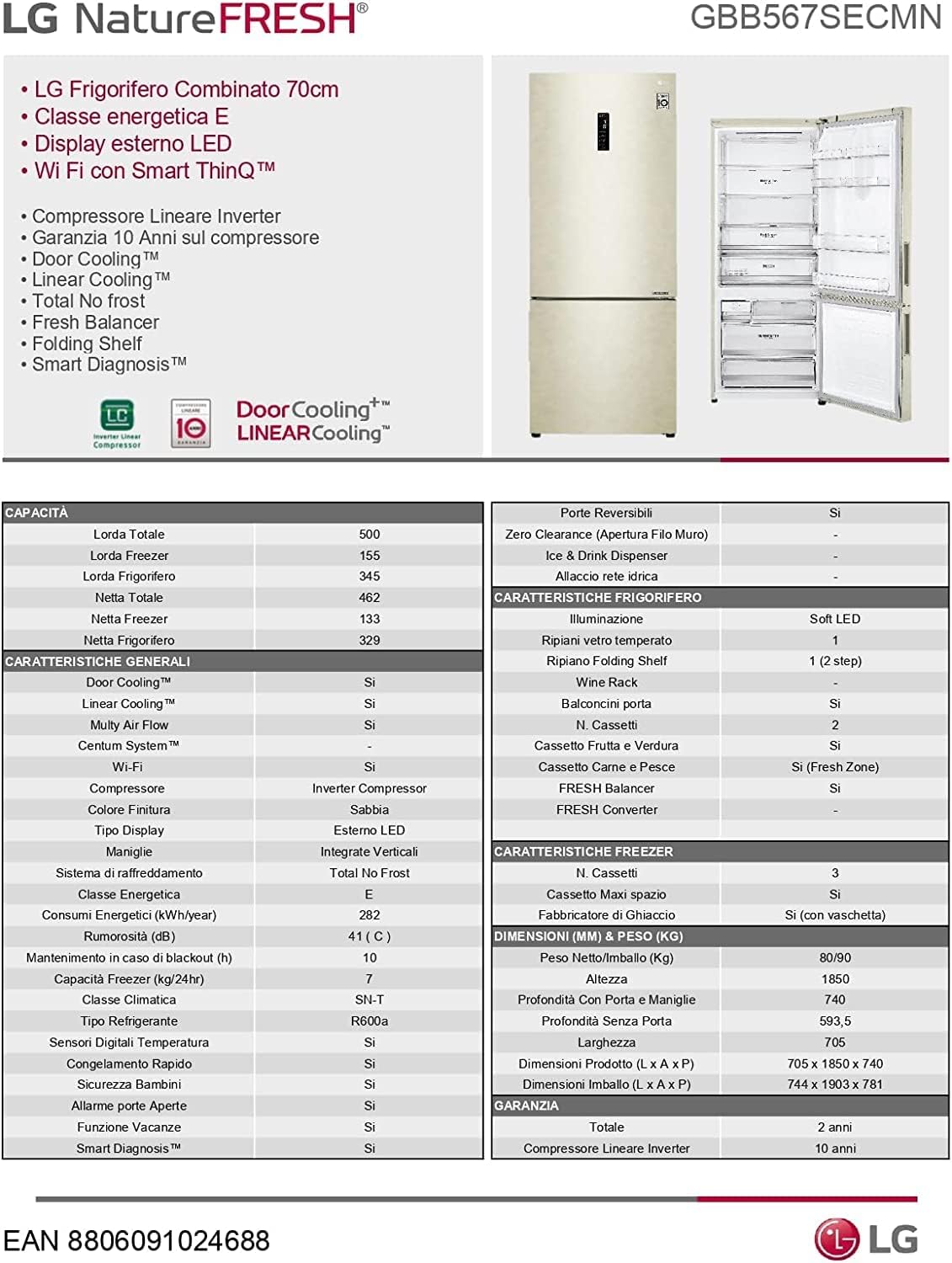 LG GBB567SECMN Frigorifero Combinato Total No Frost, 462L, Larghezza 70cm, Wi-Fi, Door Linear Cooling, Cassetto Fresh Balancer, Display esterno, Compressore Smart Inverter, Smart Diagnosis, Sabbia [Classe di efficienza energetica E]