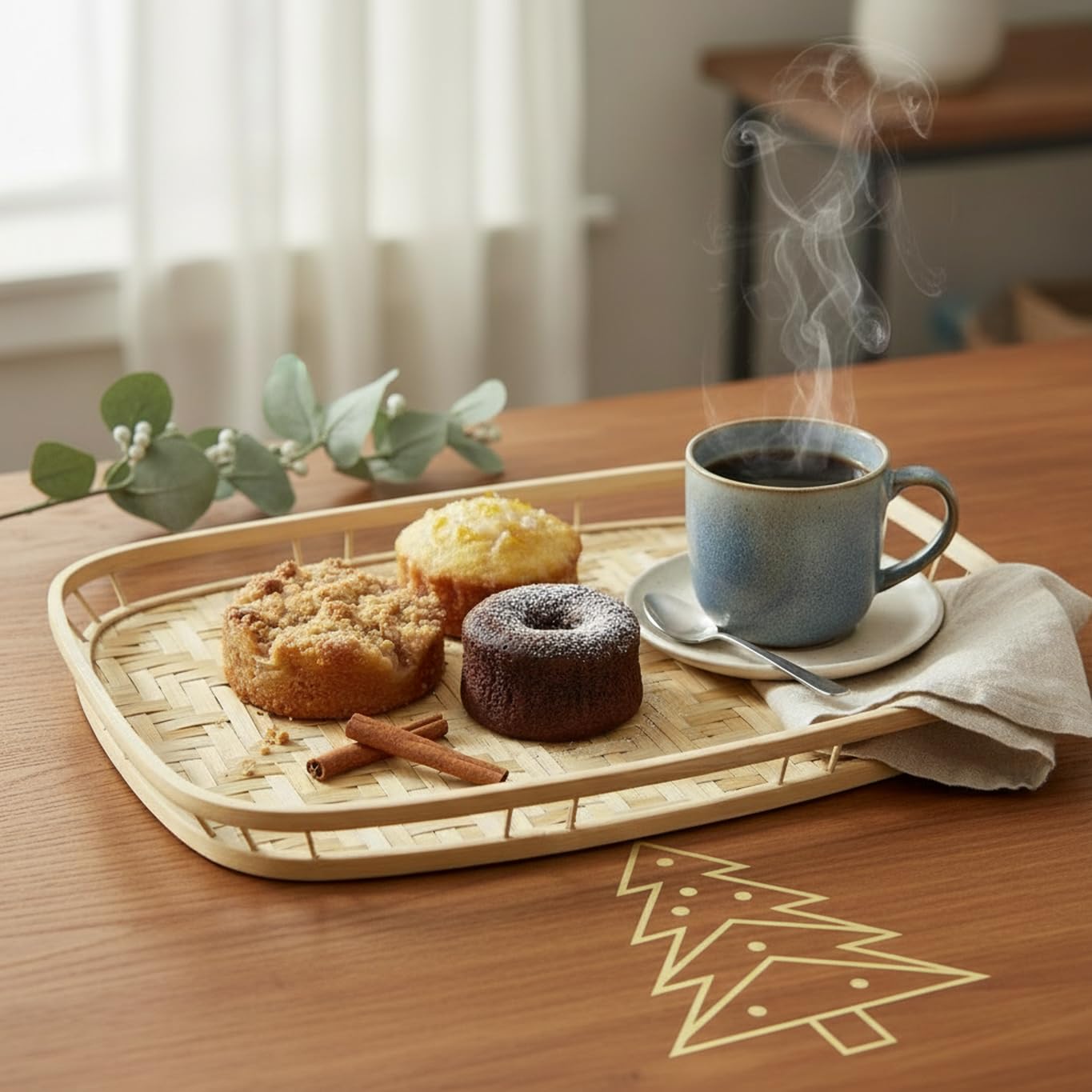 PEMAR Bandejas grandes de bambú para servir con asas, bandeja rectangular tejida a mano, bandeja de bambú para dormitorio, bandeja de cabina. Bandeja decorativa para mesas de café, desayuno, cena,