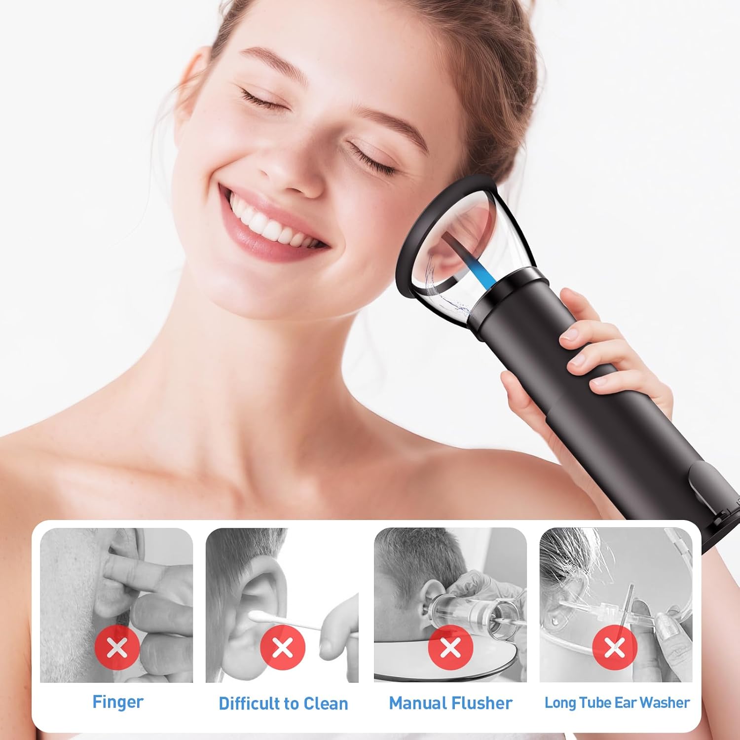 Ear Wax Removal-Electric Ear Cleaner, Retractable Ear Cleaning Kit, Safe Ear Wax Removal Tool, Effective Ear Irrigation Flushing System, Waterproof Ear Washer for Humans with 4 Pressure Modes