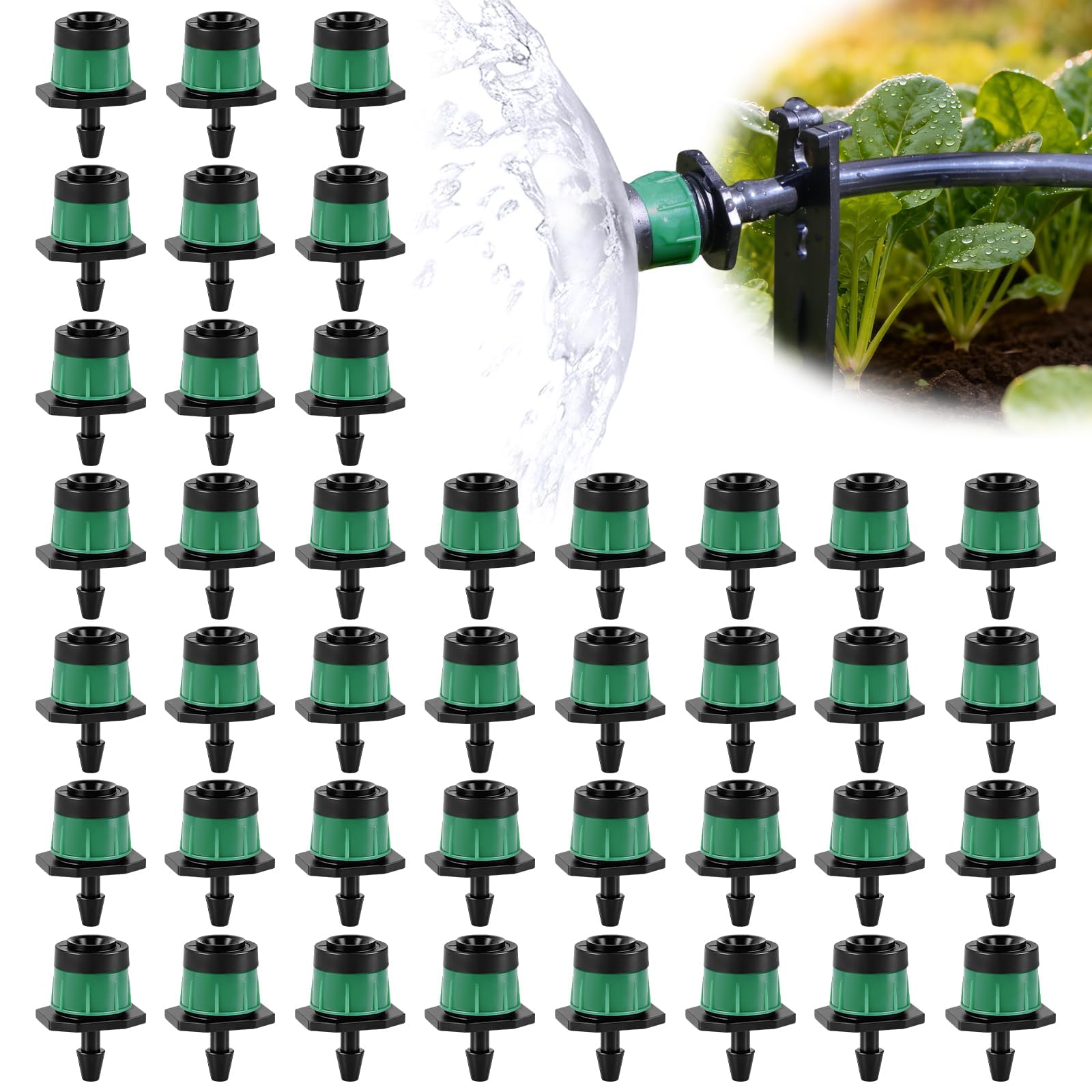100PCS 1/4" Adjustable Drip Irrigation Emitters, Kalolary 4/7mm Anti-Clogging Water Flow Drippers Micro Drip Irrigation Sprinklers for Water Tube 360 Degree Emitter for Watering System (Green, Vortex)