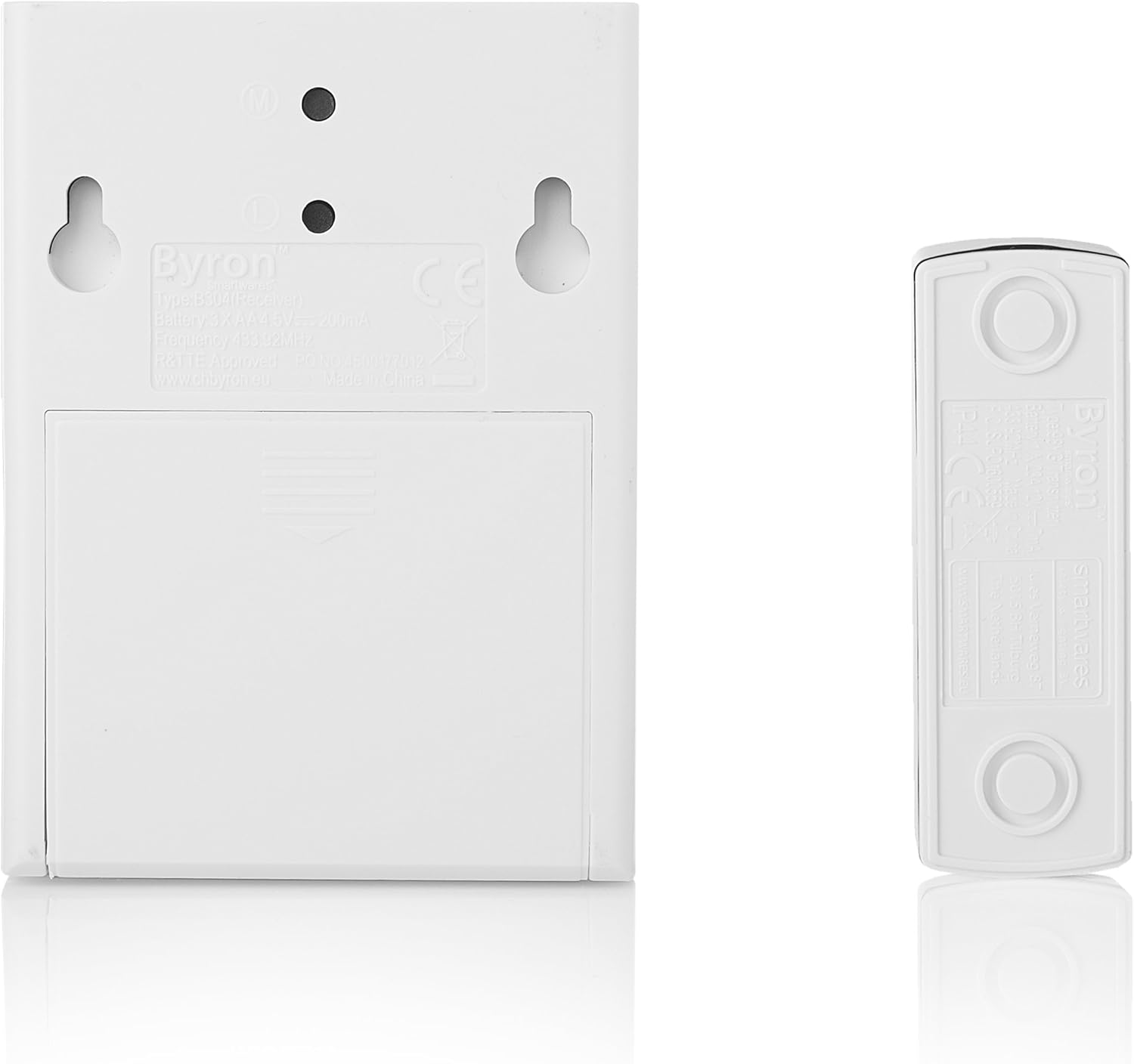 Takaisin view of Byron B304 chime and push button showing battery compartments