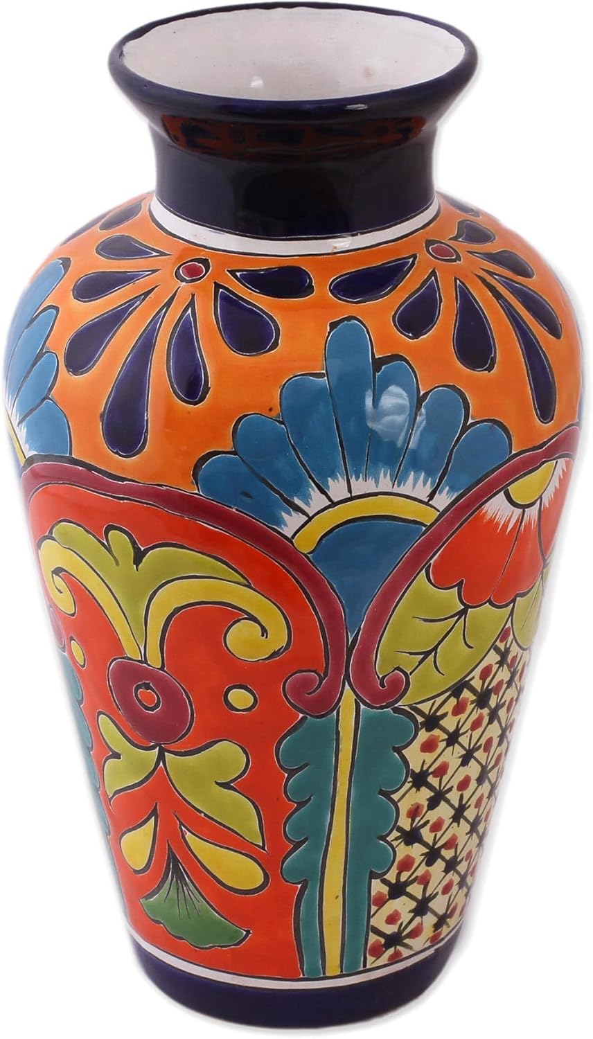 NOVICA Artisan Handcrafted Ceramic Vase Talaverastyle in Mexico Multicolor Vases Floral Hacienda Painted [13.25in H x 7.25in Diam.] ' Floral Display'