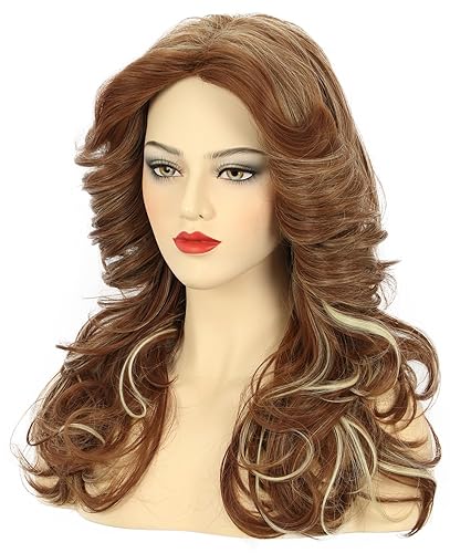 Miniatura 3 de karlery Peluca de plumas de los años 70 para mujer, peluca larga con ondas marrones, estilo disco con reflejos teñidos, disfraz vintage para fiesta,