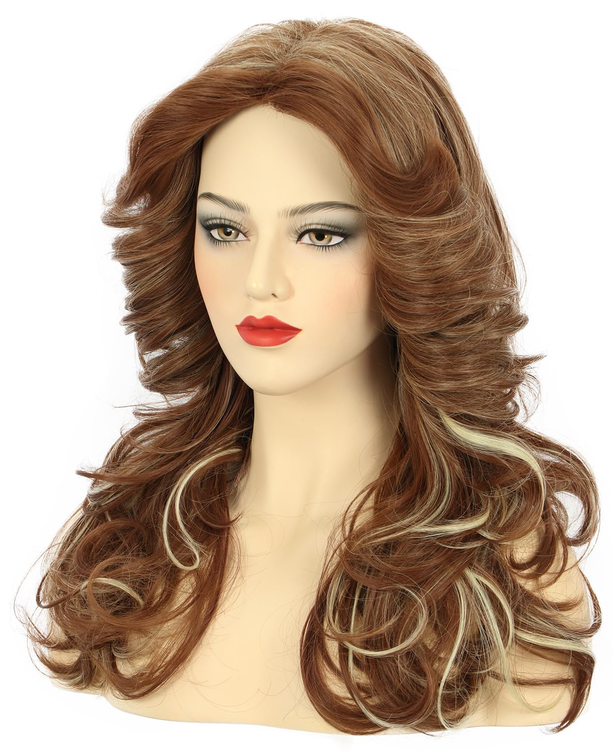 karlery Women 70s Feathered Long Brown Wave Wig Disco Singer Highlight Dyed Vintage Costume Wig for Party Fashion Accessory - Image 3