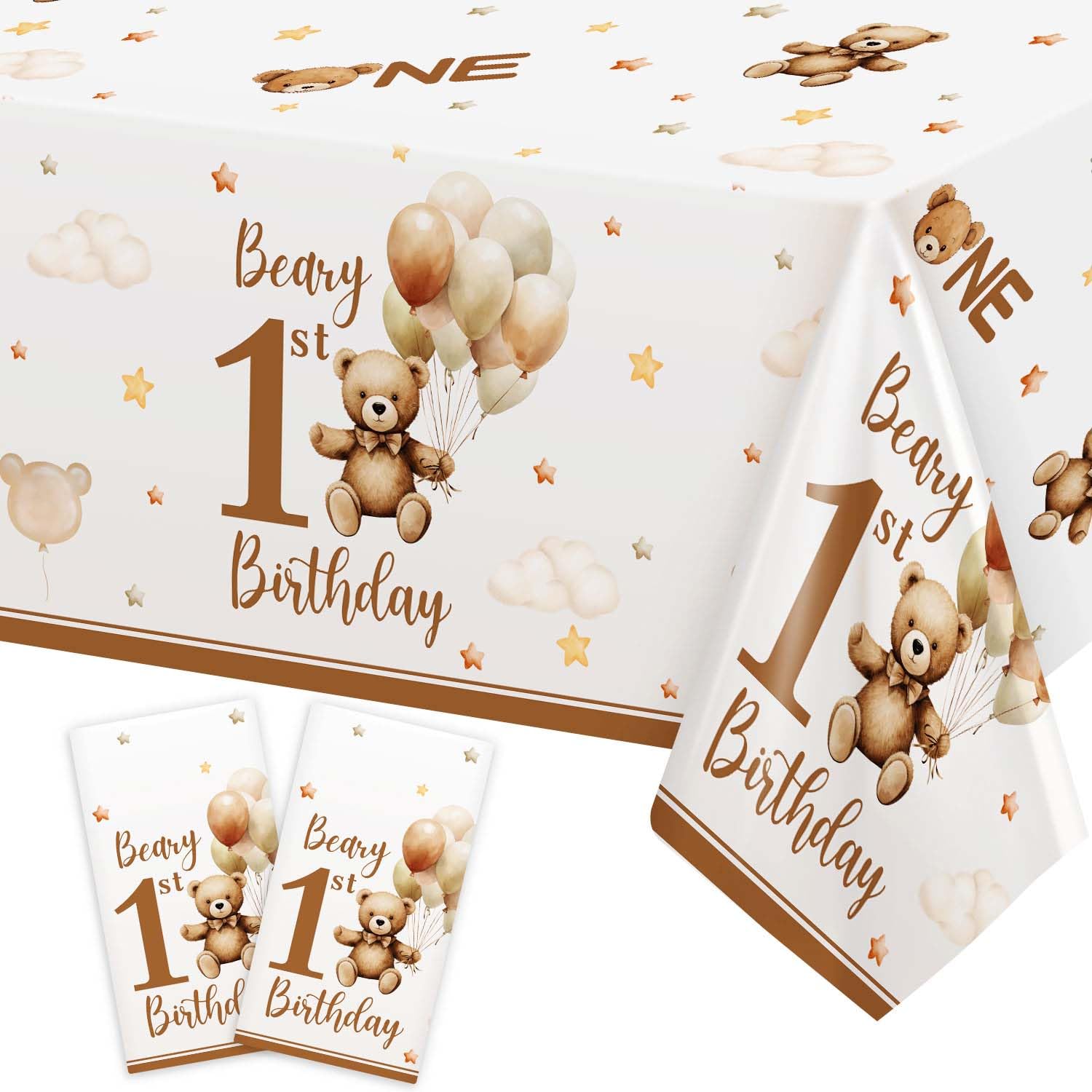 2 Pack Beary First Birthday Decorations for Boys Table Cloth, Teddy Bear 1st Birthday Boy Tablecloth - 137 X 274cm Large Rectangular Table Cover Brown Bear Birthday Party Decorations Supplies